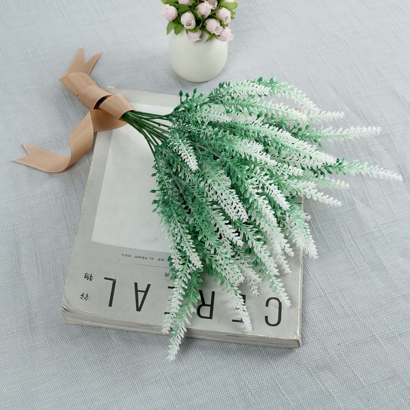 4 Bushes 14" Green White Artificial Lavender Flower Plant Stems Greenery