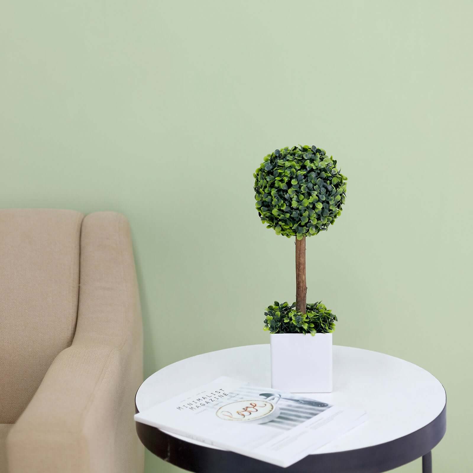 16" Green Artificial Boxwood Topiary Ball Tree In White Planter Pot