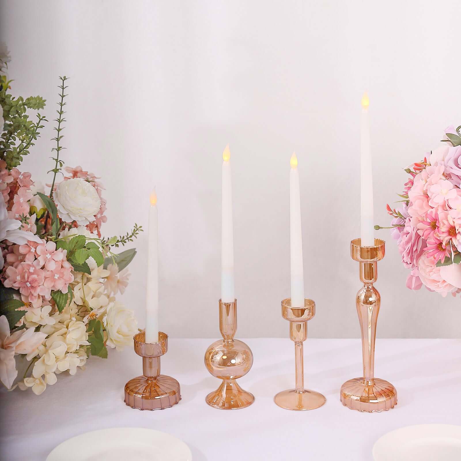 Set of 4 Glass Taper Votive Candle Holders Lined Crystal Design Assorted Amber Gold - Tea Light Stand Set 4", 5.5", 6", 9"