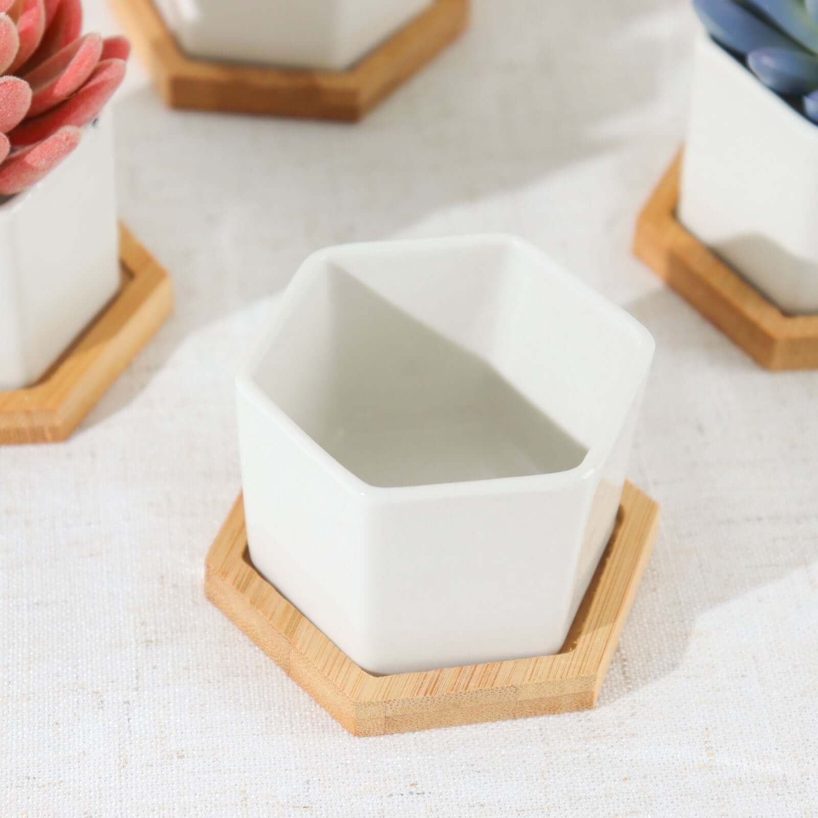6-Pack Planter Pots Geometric Hexagon Design White - Ceramic Pots with Bamboo Tray and Removable Bottom 3"