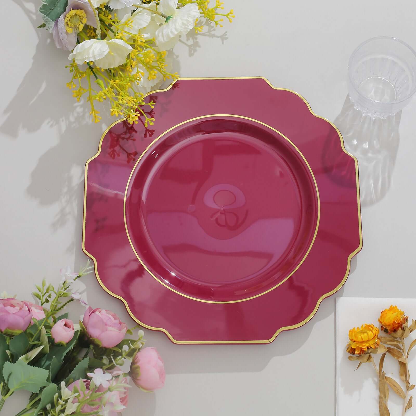 10-Pack Plastic Dinner Plates in Burgundy Baroque Design with Scalloped Gold Rim - Heavy Duty Disposable Party Plates 11"