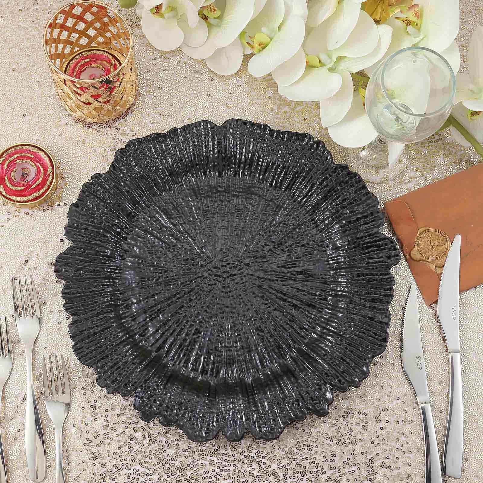 6-Pack Acrylic Plastic Round Charger Plates 13" in Black with Reef Design, Dinner Charger Tableware