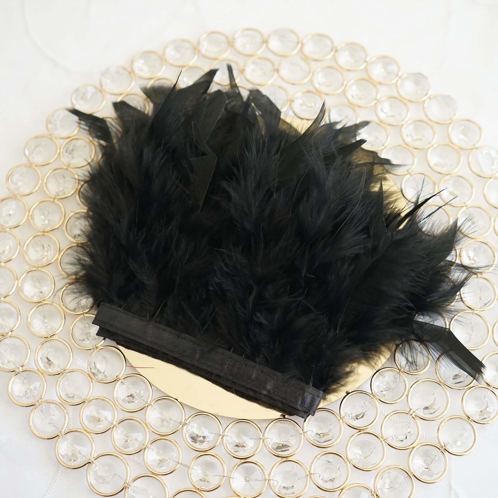 39" Black Real Turkey Feather Fringe Trim With Satin Ribbon Tape