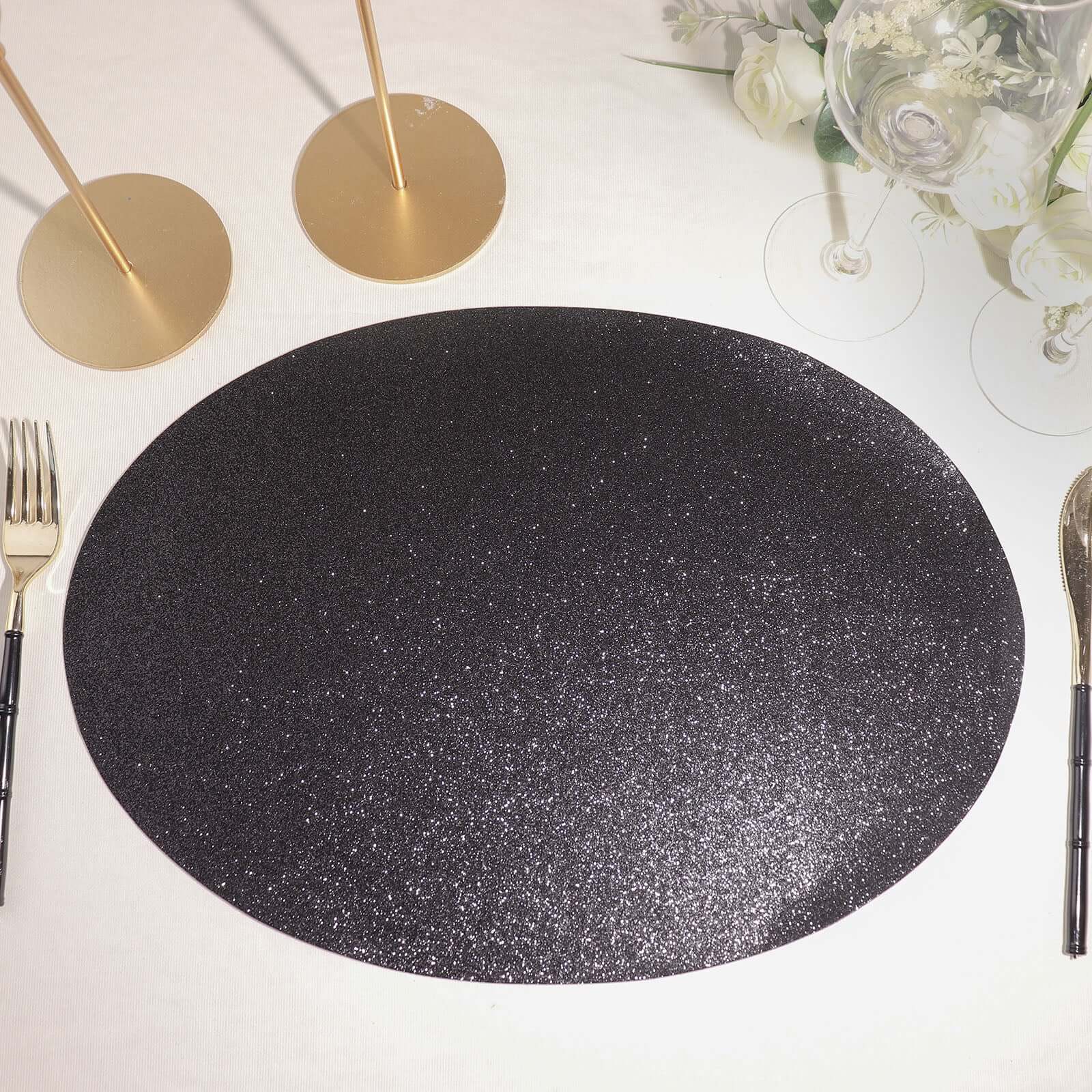 6-Pack Placemats Glitter Design Black Sparkle Oval - Non-Slip Decorative Table Mats for Dining 12"x18"
