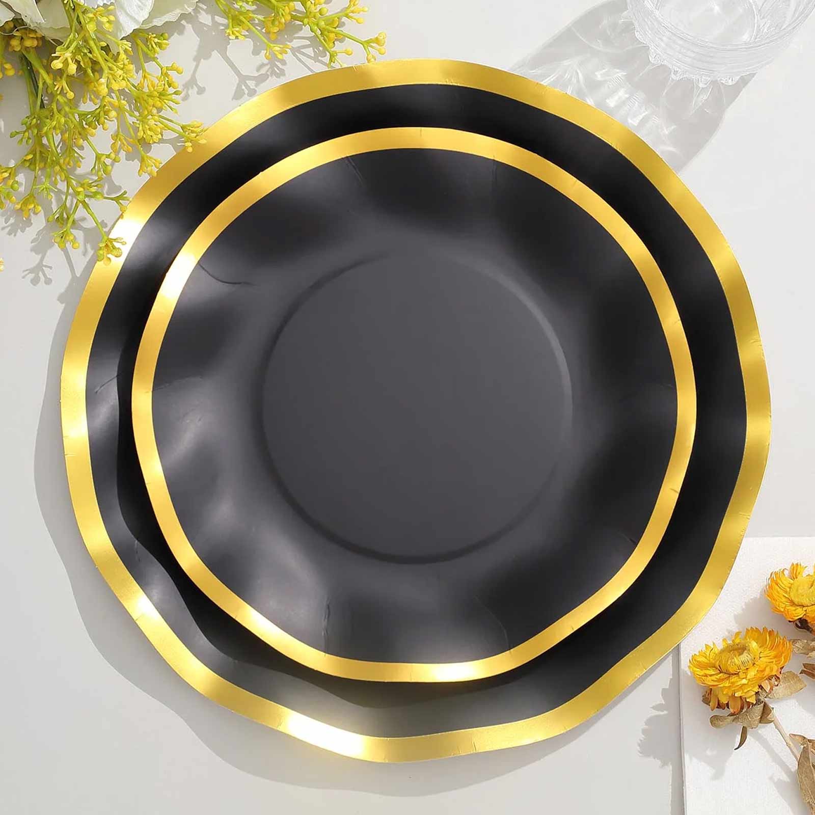 25-Pack Paper Round Dessert Plates 8" Matte Black with Gold Wavy Rim - Disposable 350GSM Salad Plates