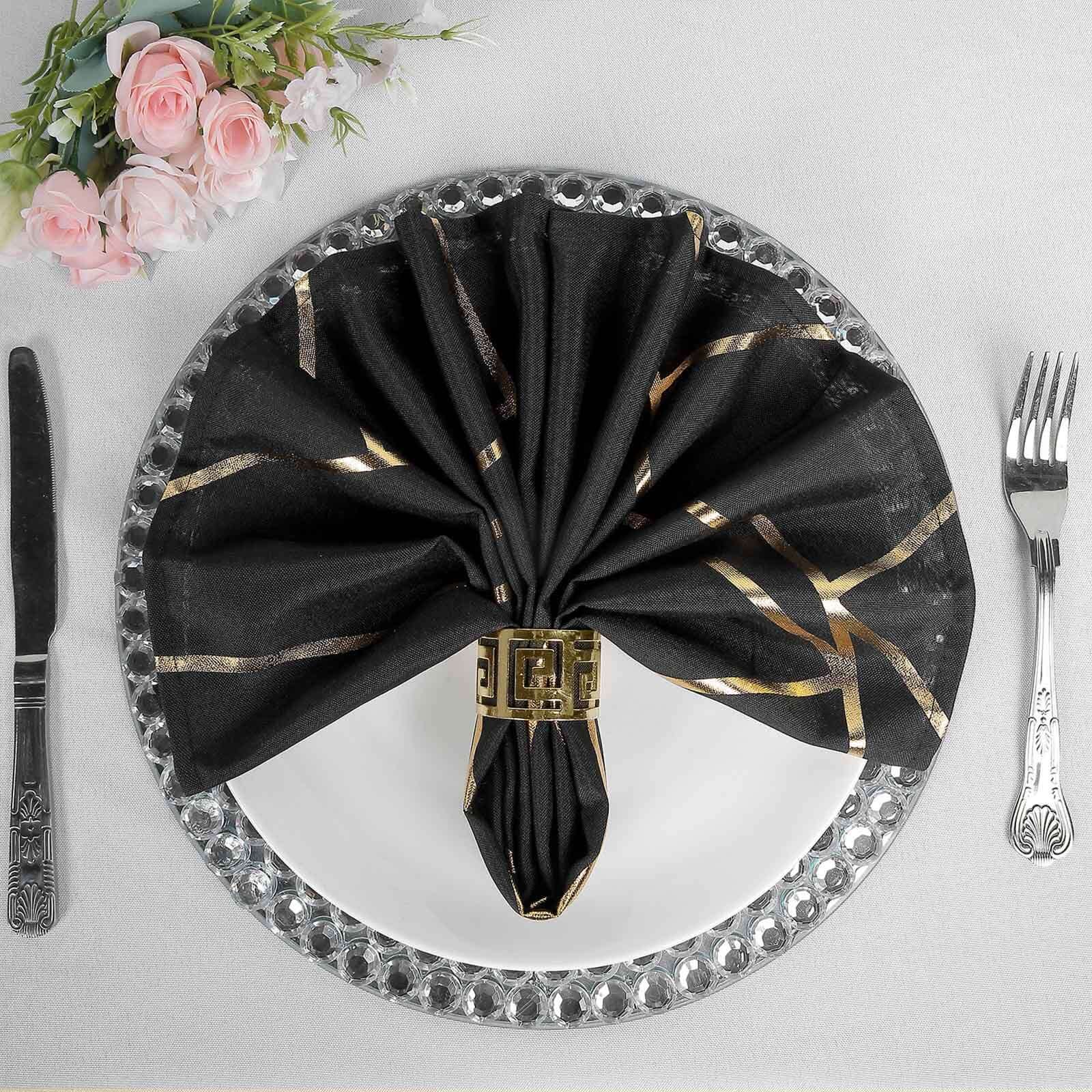 5 Pack Polyester 20"x20" Napkins Black with Gold Geometric Foil Pattern - Modern Reusable Dinner Napkins