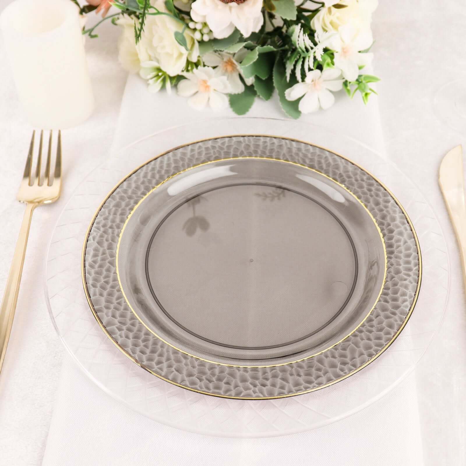 10-Pack Plastic 7.5" Round Appetizer Plates in Opaque Black Hammered Design with Gold Rim - Disposable Salad Plates for Chic Banquets & Special Occasions