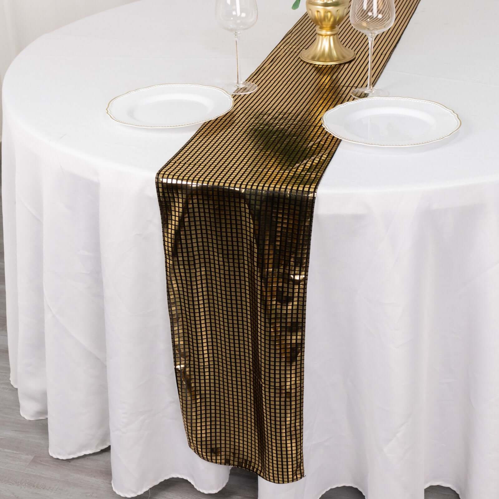 Mirror Foil Polyester 12"x108" Table Runner Black with Gold Metallic Square - Shiny Disco Theme Party Table Decor