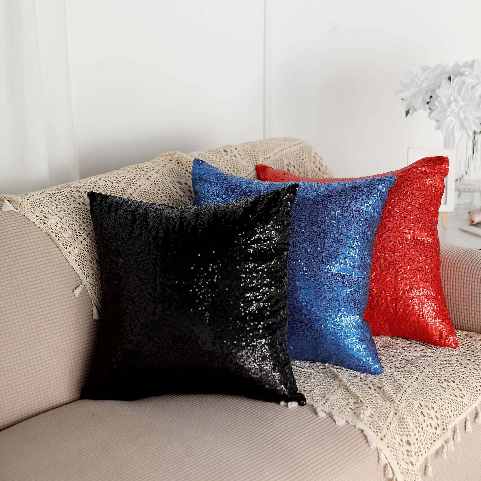 2 Pack 18"x18" Sequin Throw Pillow Cover, Decorative Cushion Case - Square Black Sequin