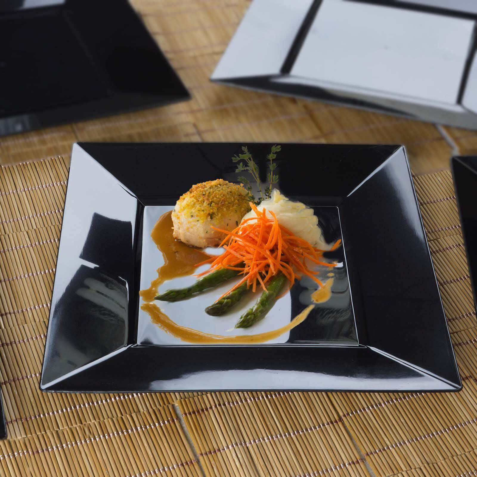 10-Pack Plastic Dinner Plates Glossy Black Square with Wide Rim - Sturdy Disposable Party Plates 10"