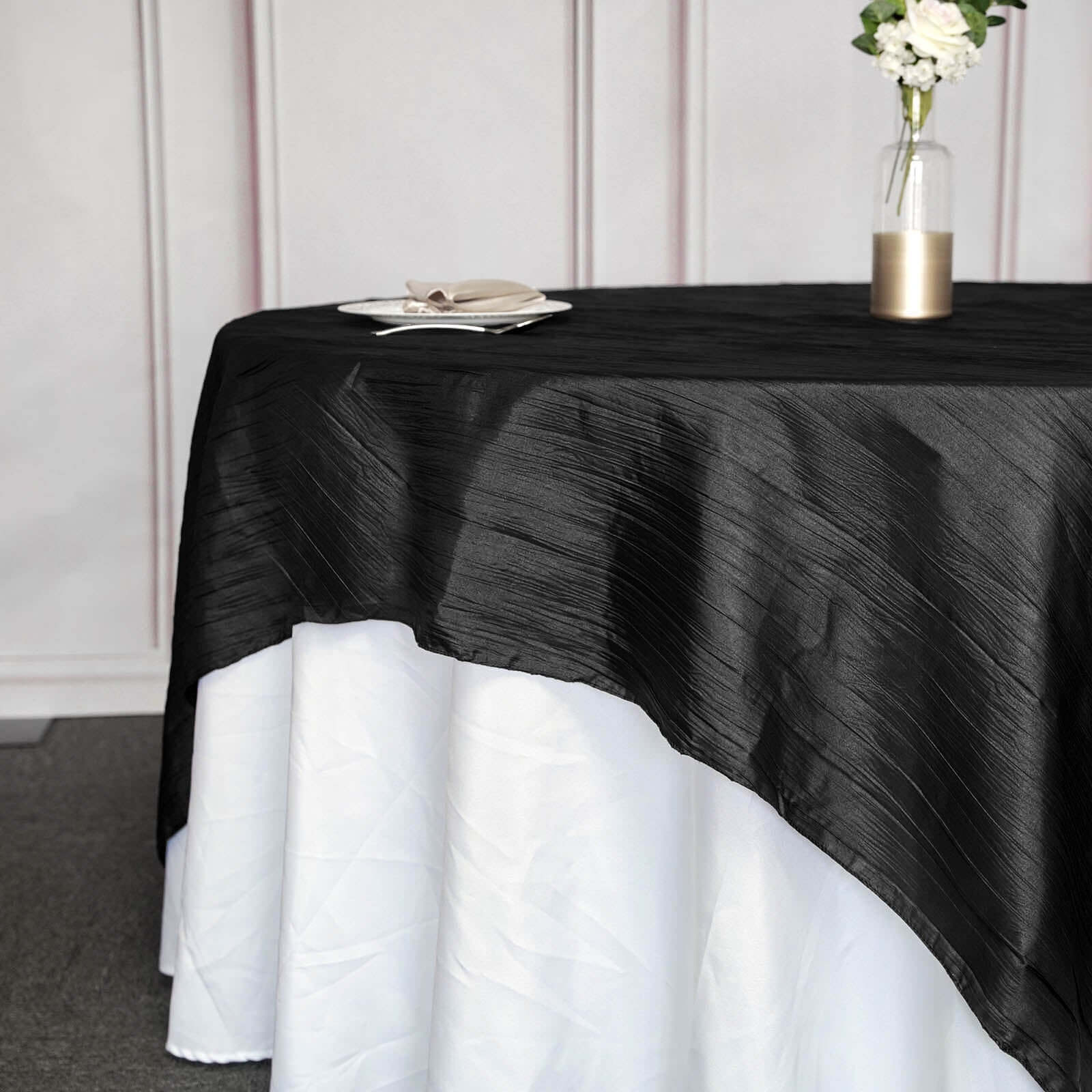 Taffeta 90"x90" Table Overlay Square Tablecloth Black - Accordion Crinkle Table Cover