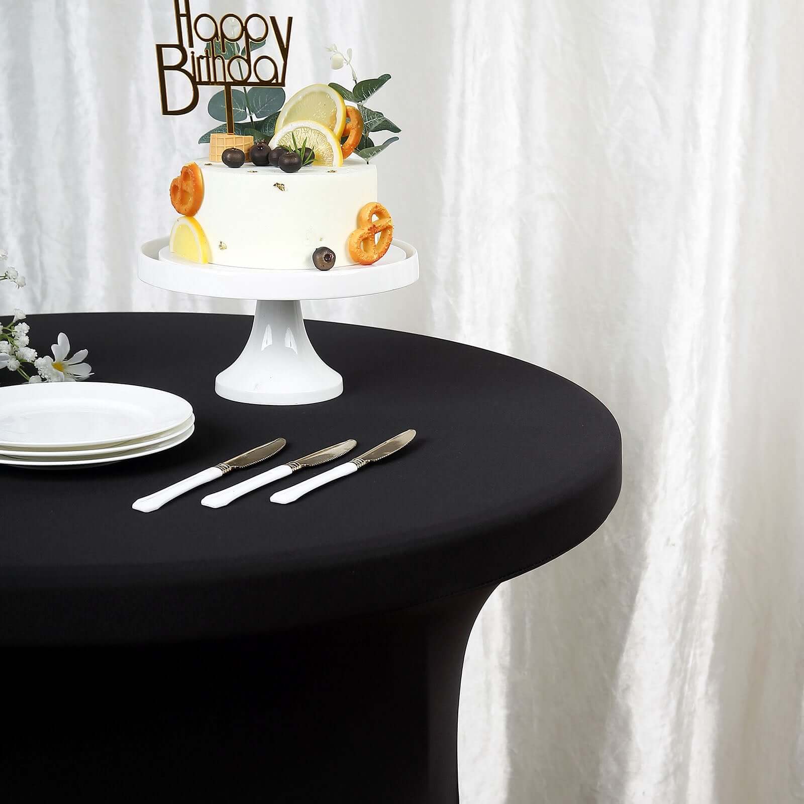 Spandex 32" Round Cocktail Table Cover Skirt Black With Natural Wavy Drapes