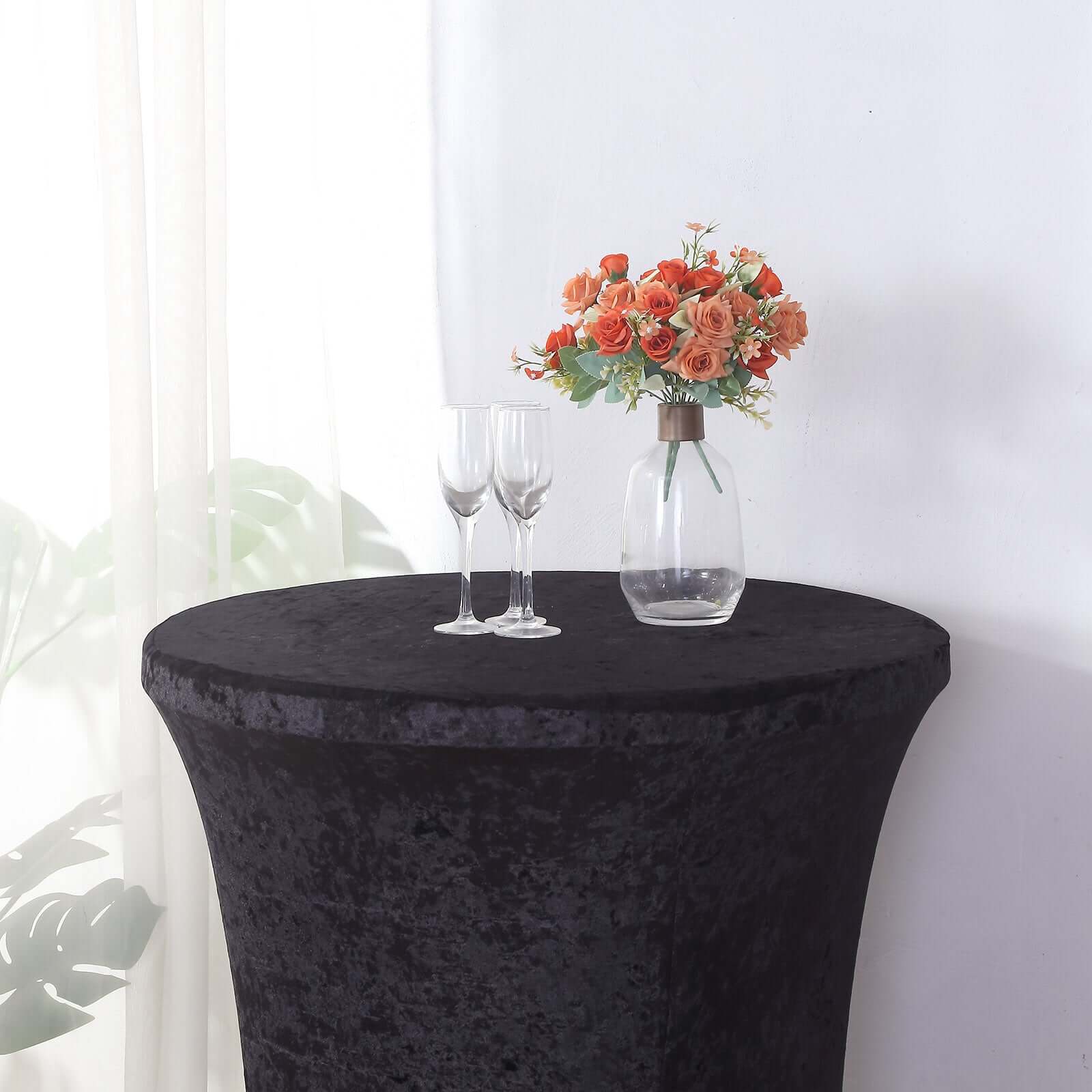 Crushed Velvet Spandex 32" Round Cocktail Table Cover Black Smooth Highboy Tablecloth