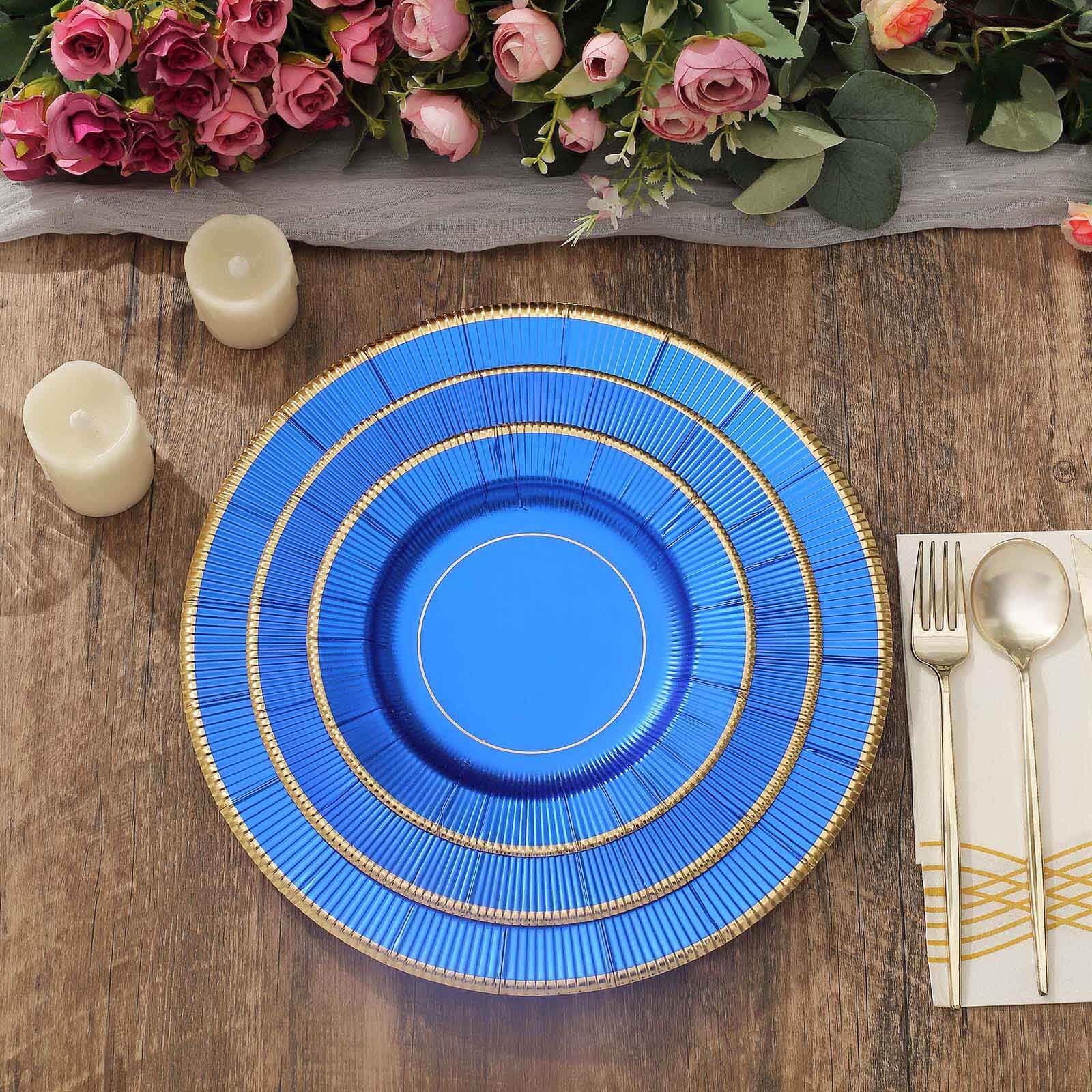 25-Pack Disposable Round Charger Plates in Royal Blue Sunray Design with Gold Rim - 350GSM Heavy Duty Paper Chargers 13"