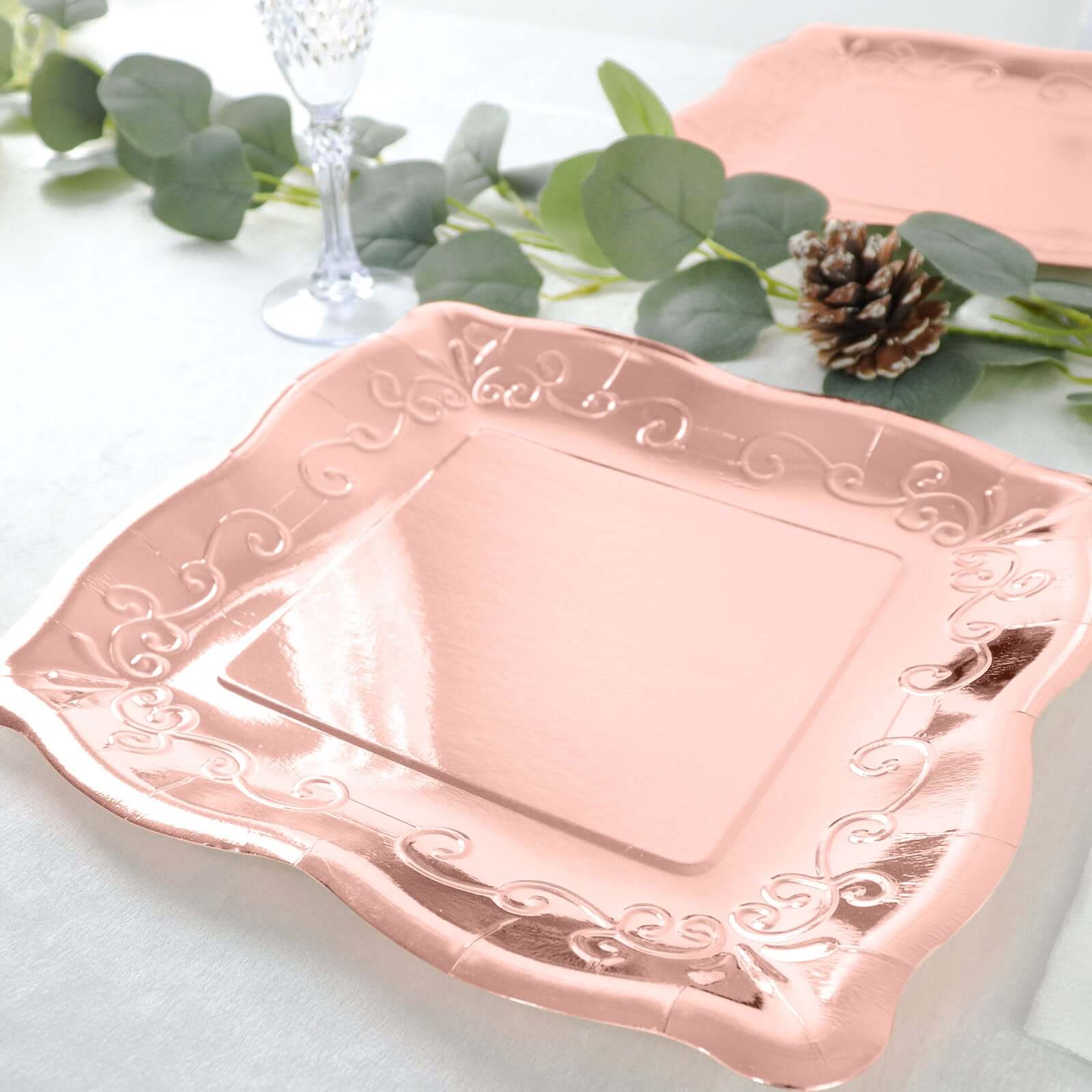 25-Pack Paper 11" Square Dinner Plates in Blush Rose Gold with Vintage Pottery Embossed Design - Shiny Metallic Disposable Serving Plates