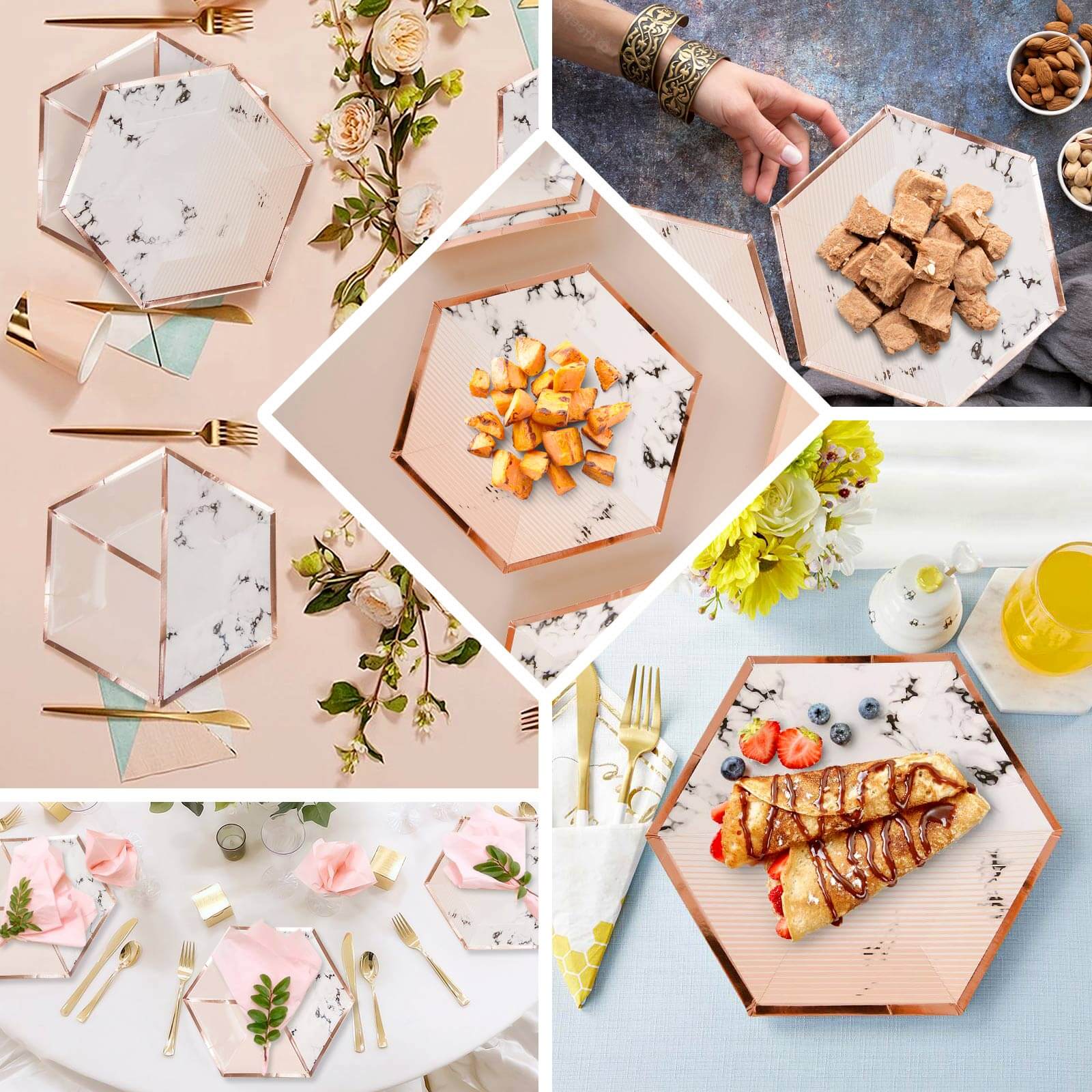 50-Pack Paper Hexagon Dinner and Dessert Plates in Blush with Marble Design & Rose Gold Foil Rim - Chic Disposable Geometric Party Plates Set for 25 Guests 8", 10"