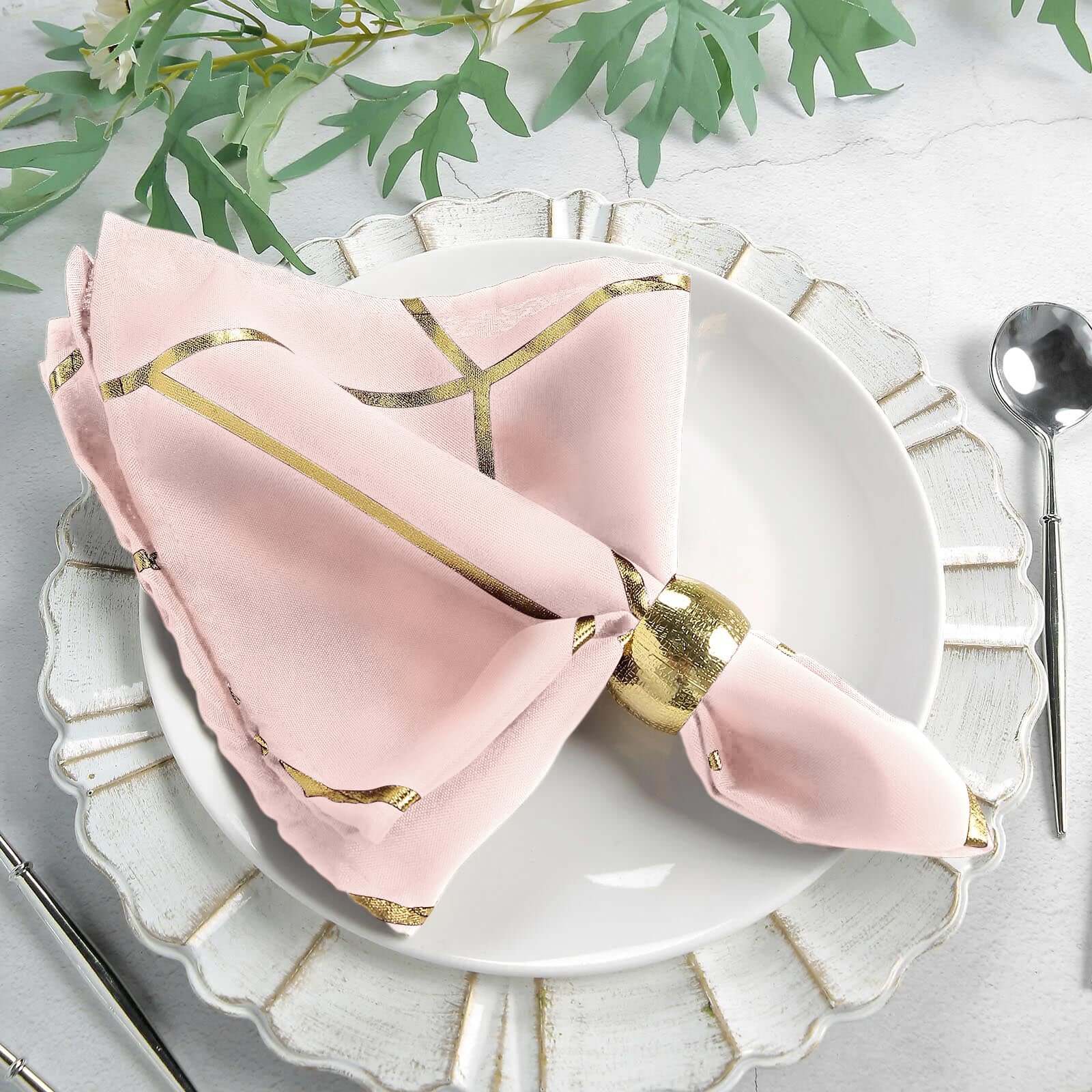 5 Pack Modern Blush and Geometric Gold Cloth Dinner Napkins 20"x20"