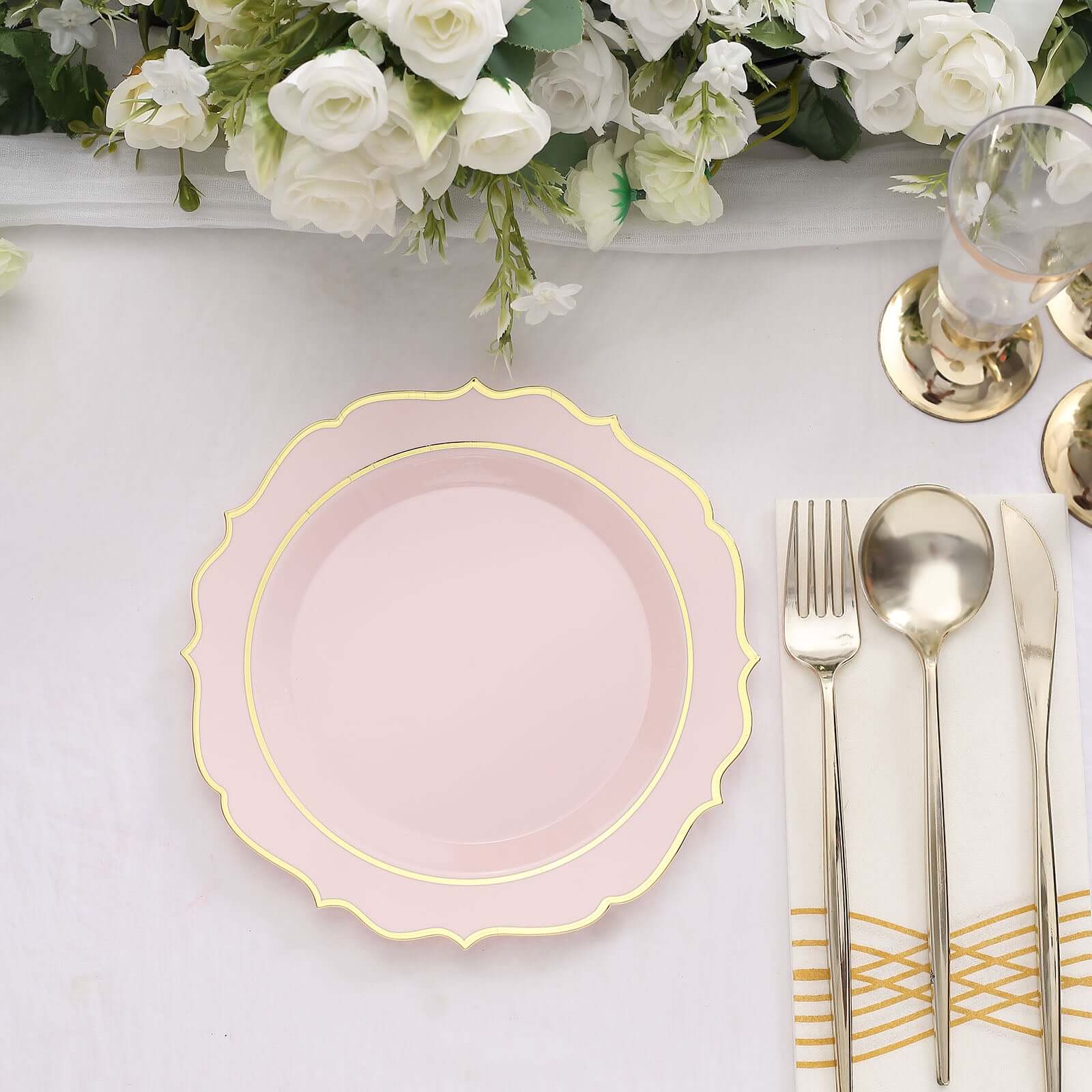 10-Pack Plastic 8" Round Desert Plates in Blush with Gold Scalloped Rim - Disposable Appetizer/Salad Plates