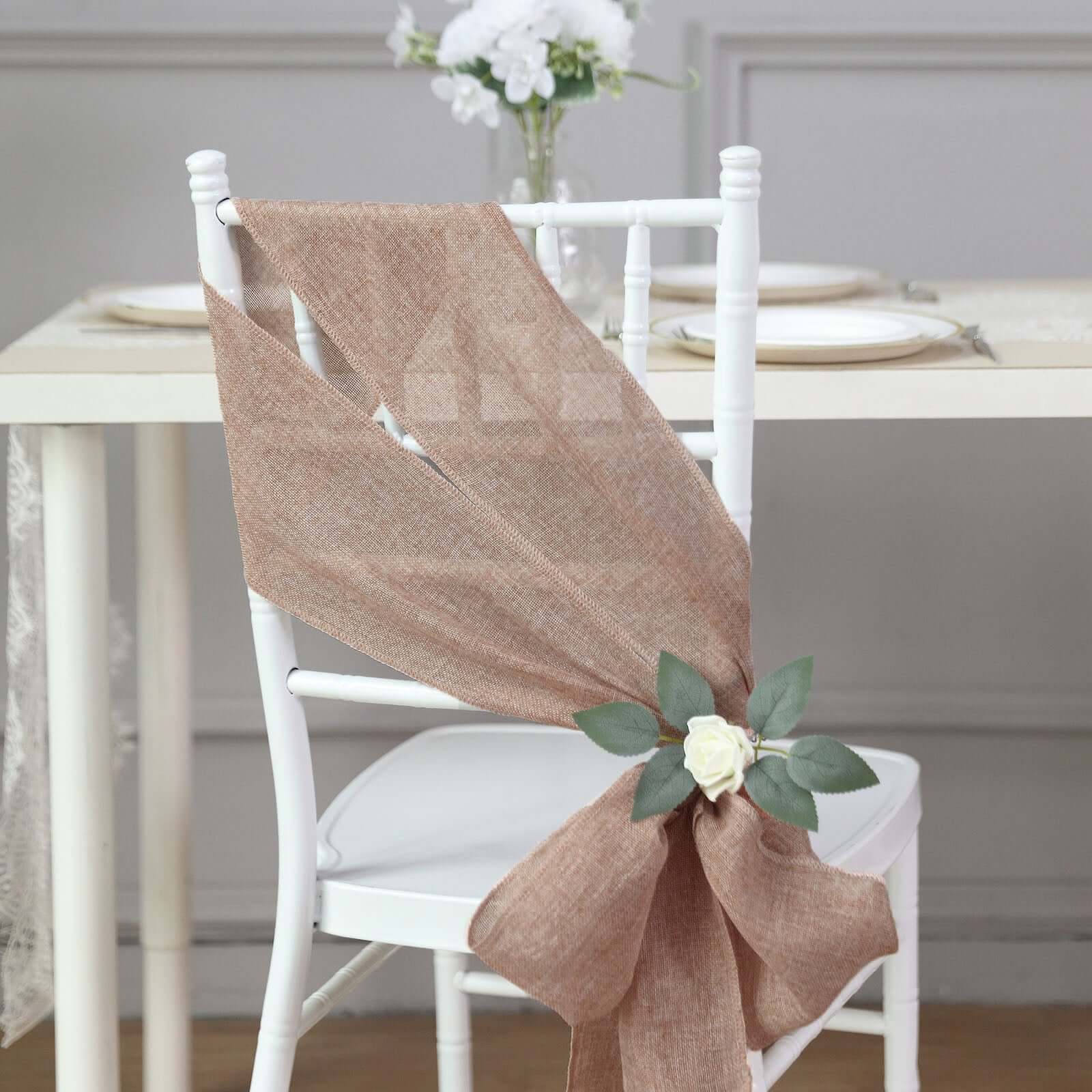 5 Pack Jute Faux Burlap 6"x108" Chair Sashes Dusty Rose - Boho Chic Linen Decor