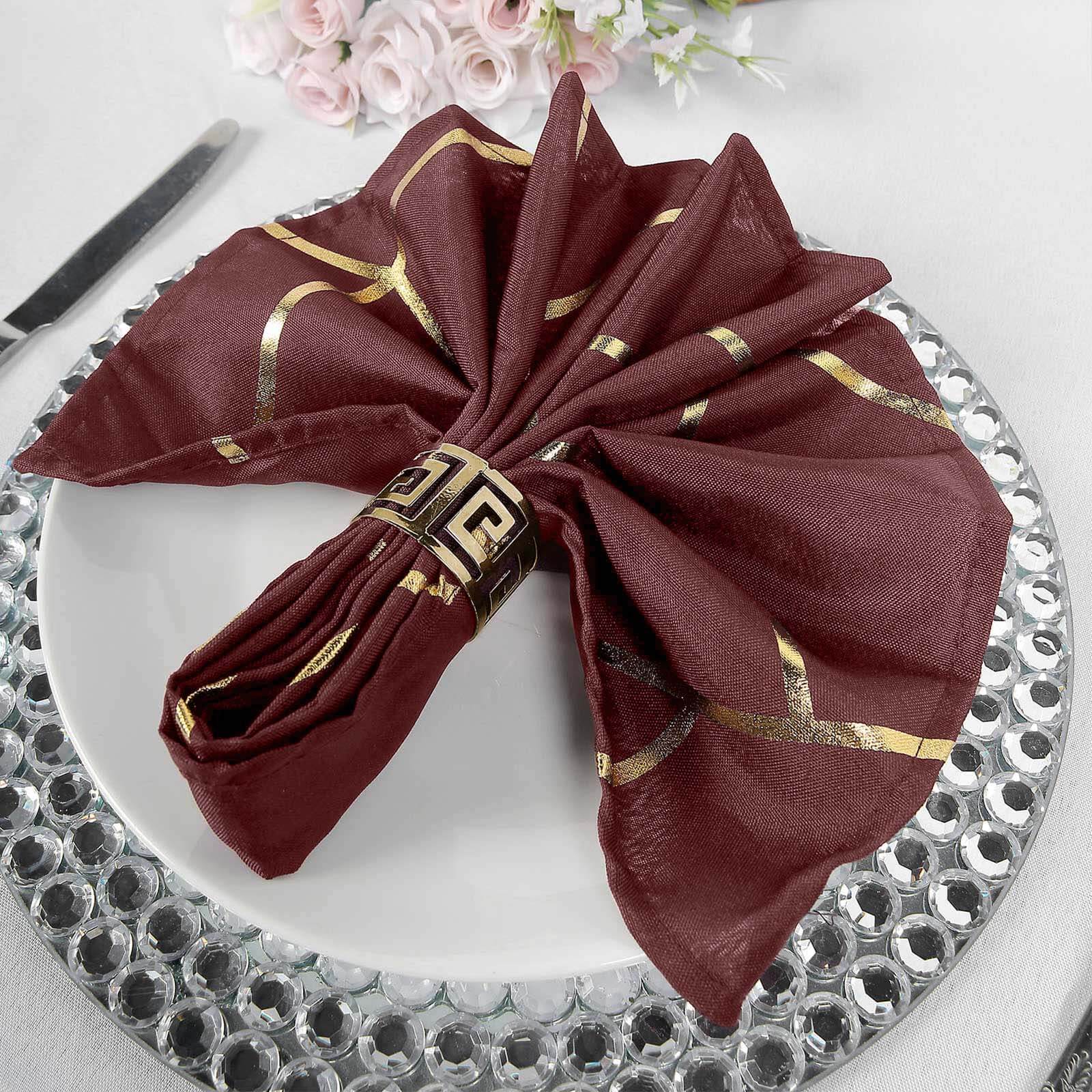 5 Pack Modern Burgundy and Geometric Gold Cloth Dinner Napkins 20"x20"