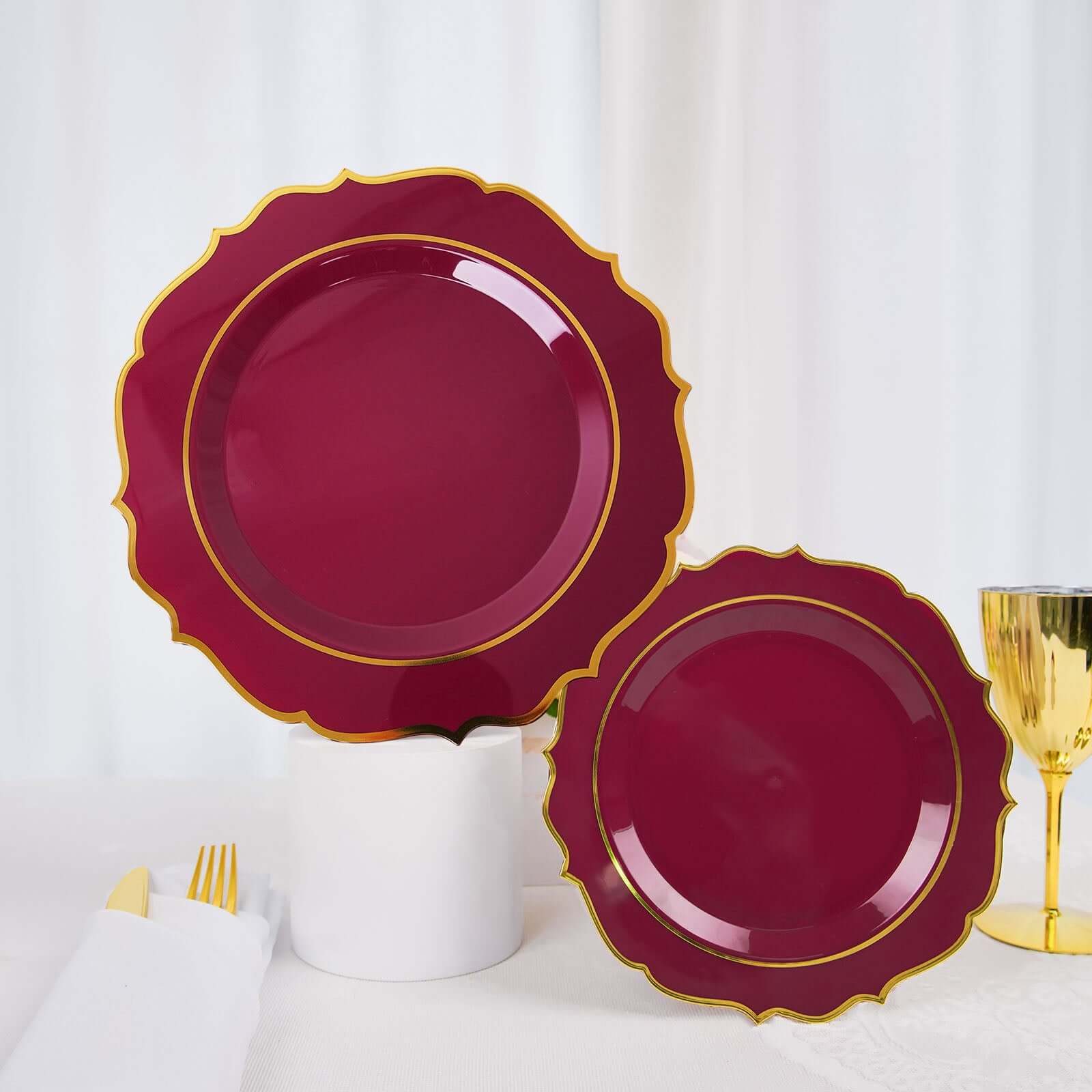 10-Pack Plastic 8" Round Desert Plates in Burgundy with Gold Scalloped Rim - Disposable Appetizer/Salad Plates