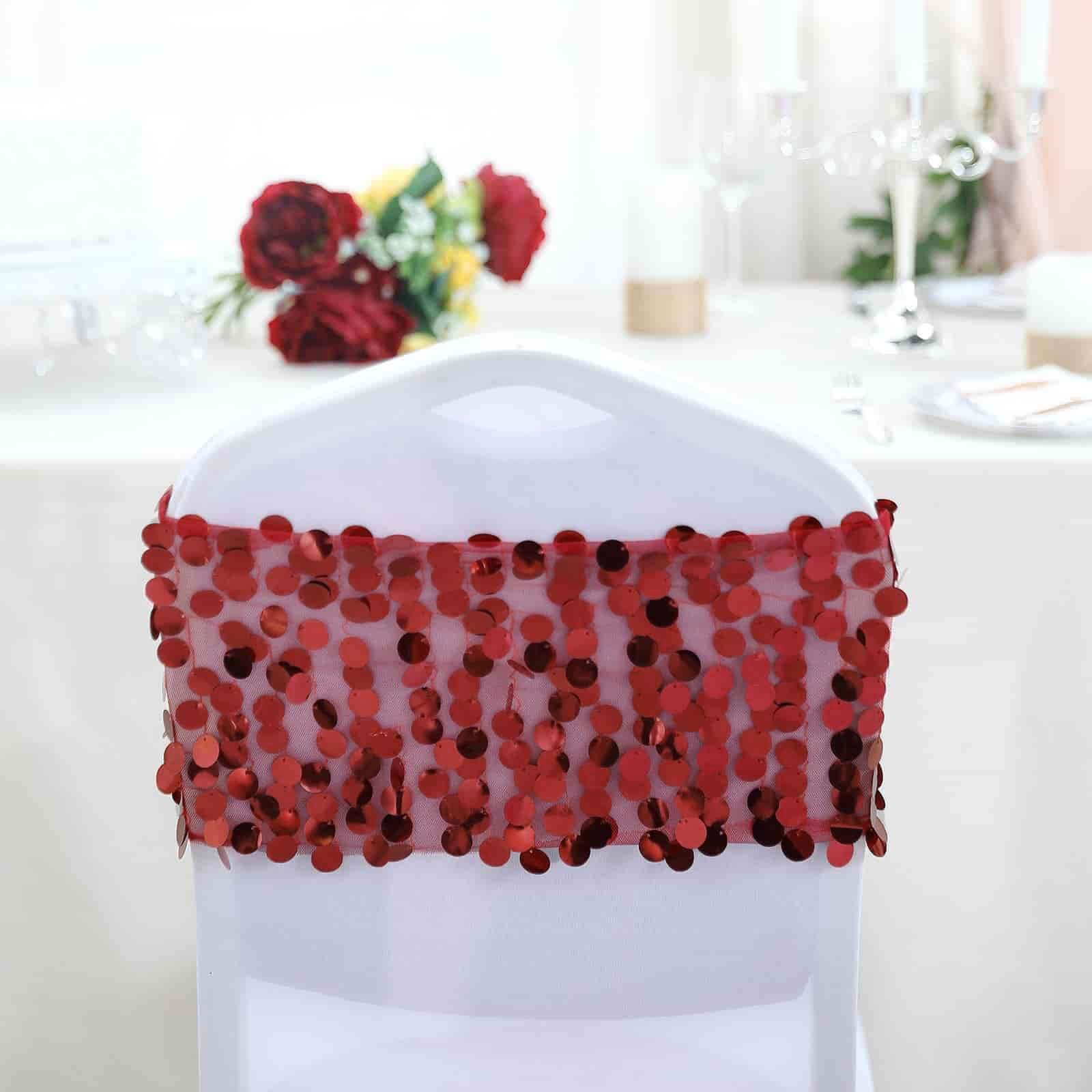 5 Pack Big Payette Sequin 13"x10" Chair Sash Bands Burgundy - Stylish Glittering Decor for Weddings & Gatherings