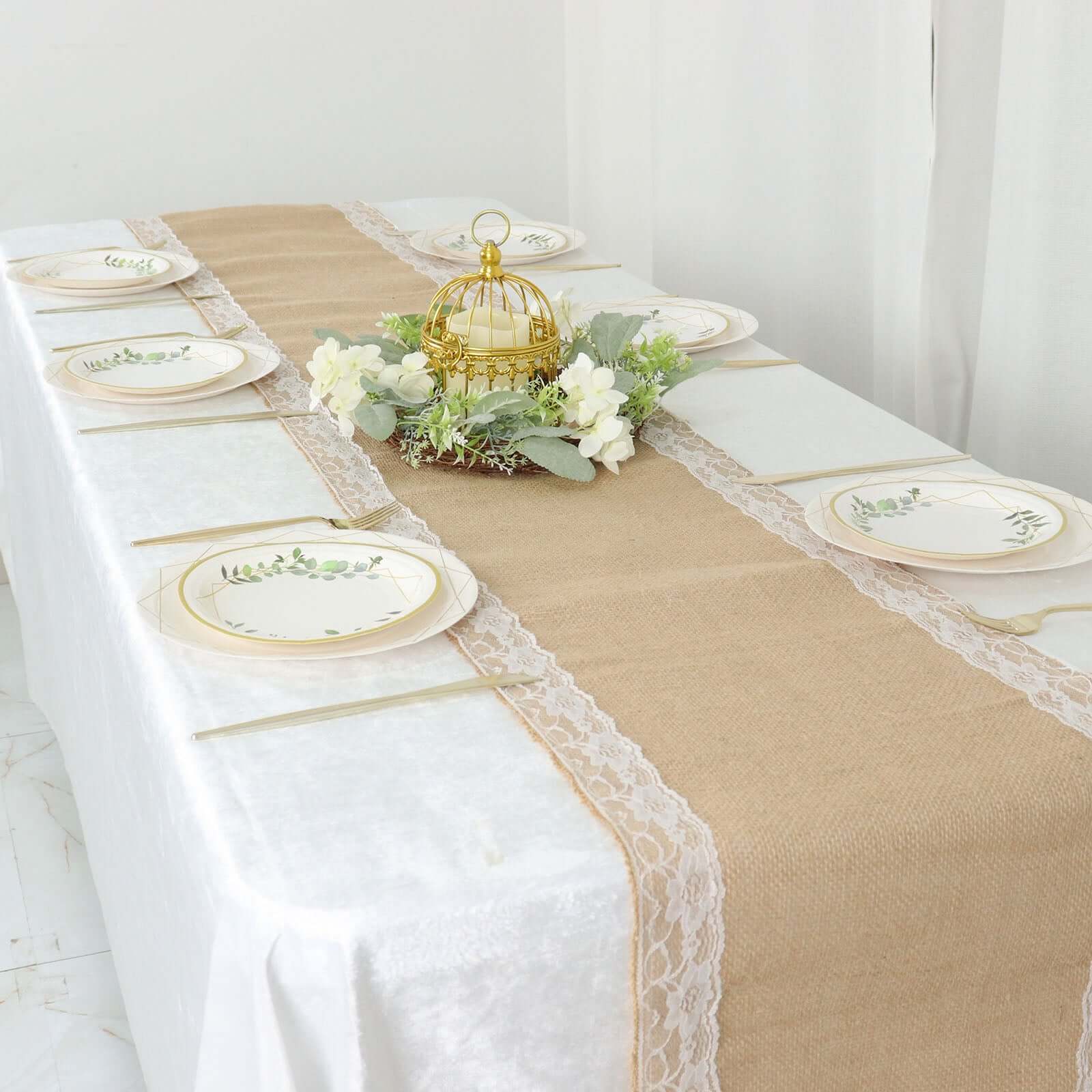 Burlap Jute 14"x104" Table Runner Natural With White Lace Trim Edges - Rustic Vintage Tabletop Decor