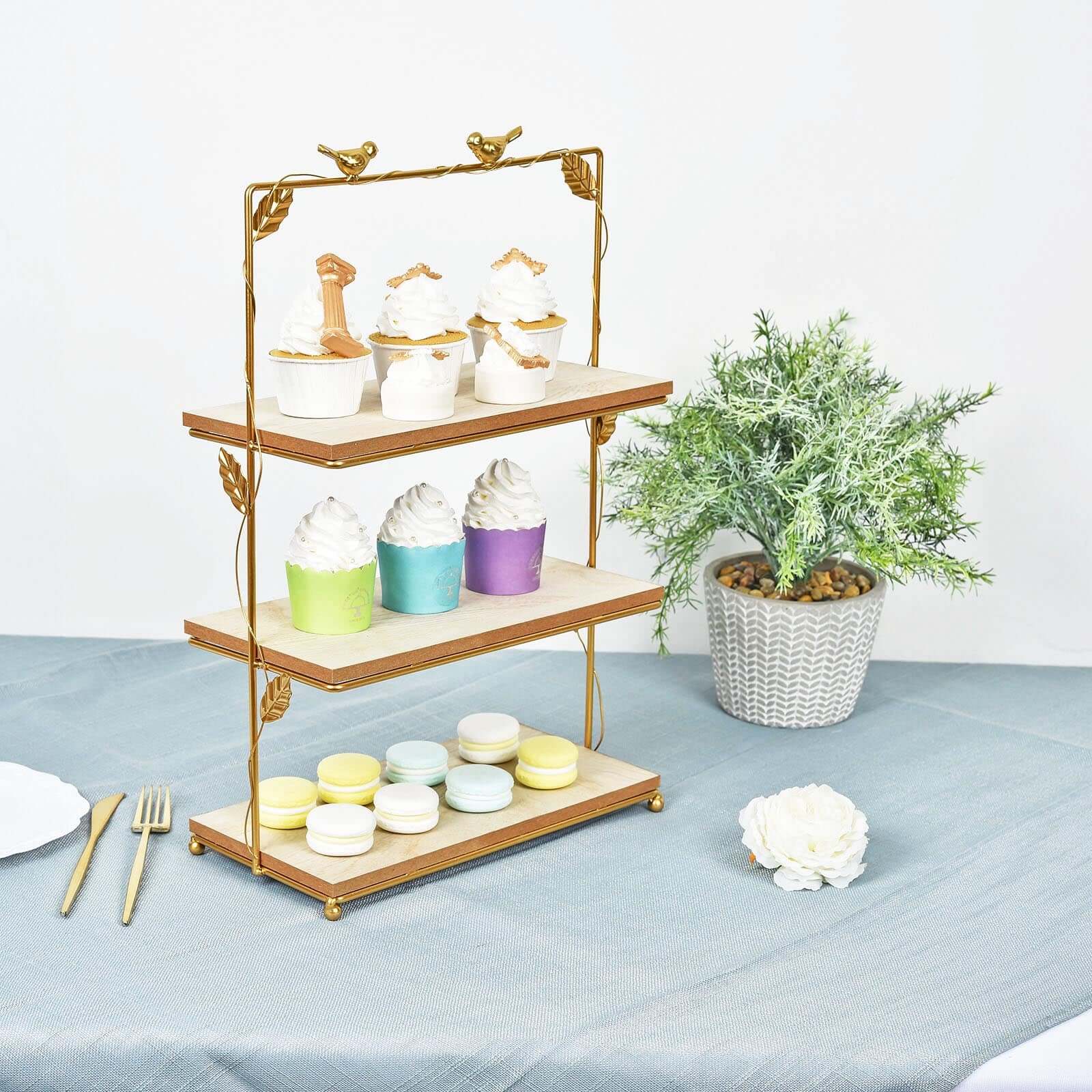 3-Tier Wooden Cheese Board Stand Rectangular Gold/Wood Slice Design - Rustic Cupcake Tower Centerpiece with Assembly Tools 19"