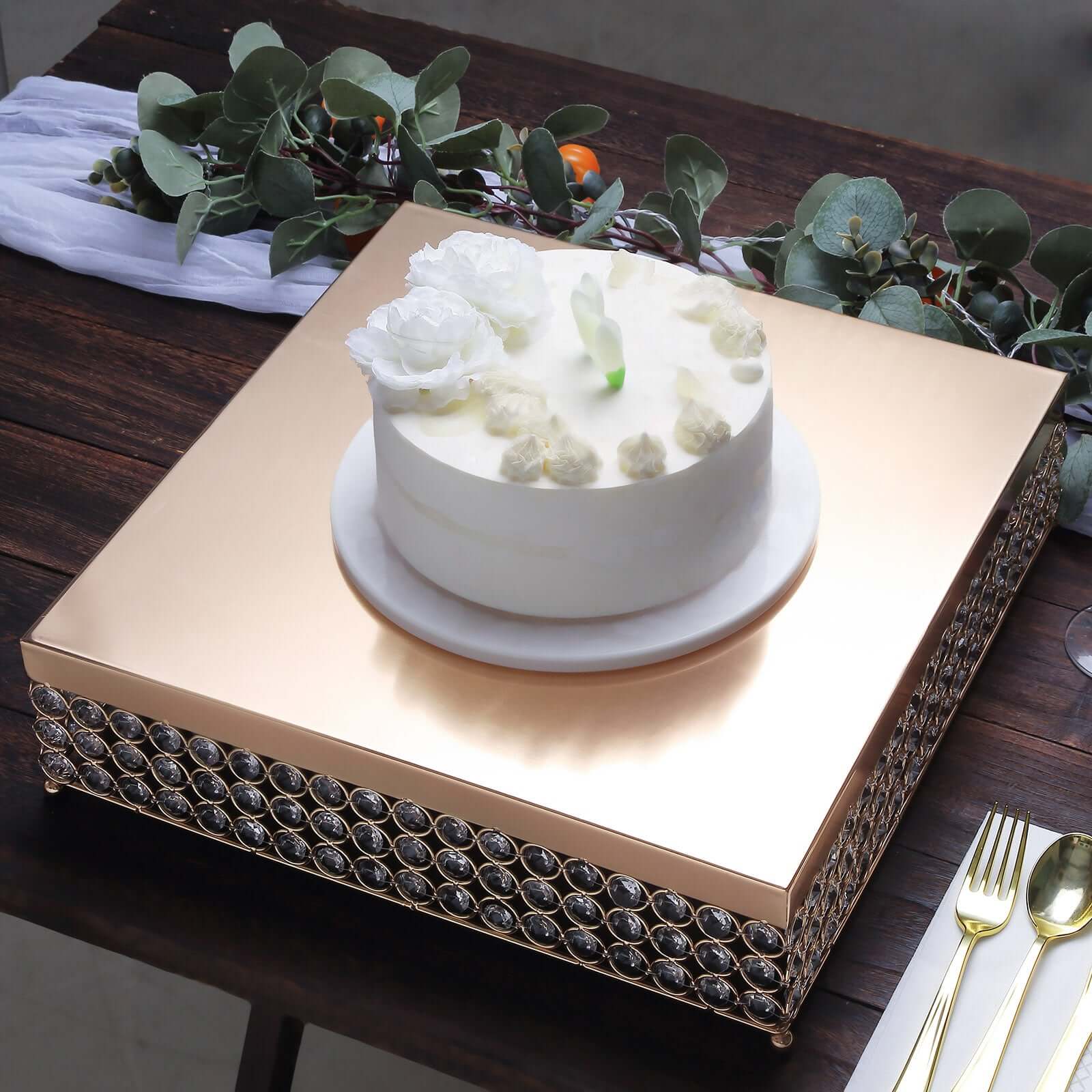 Metal Cake Stand Square Design with Crystal Beads Gold - Dessert Pedestal for Events 16"