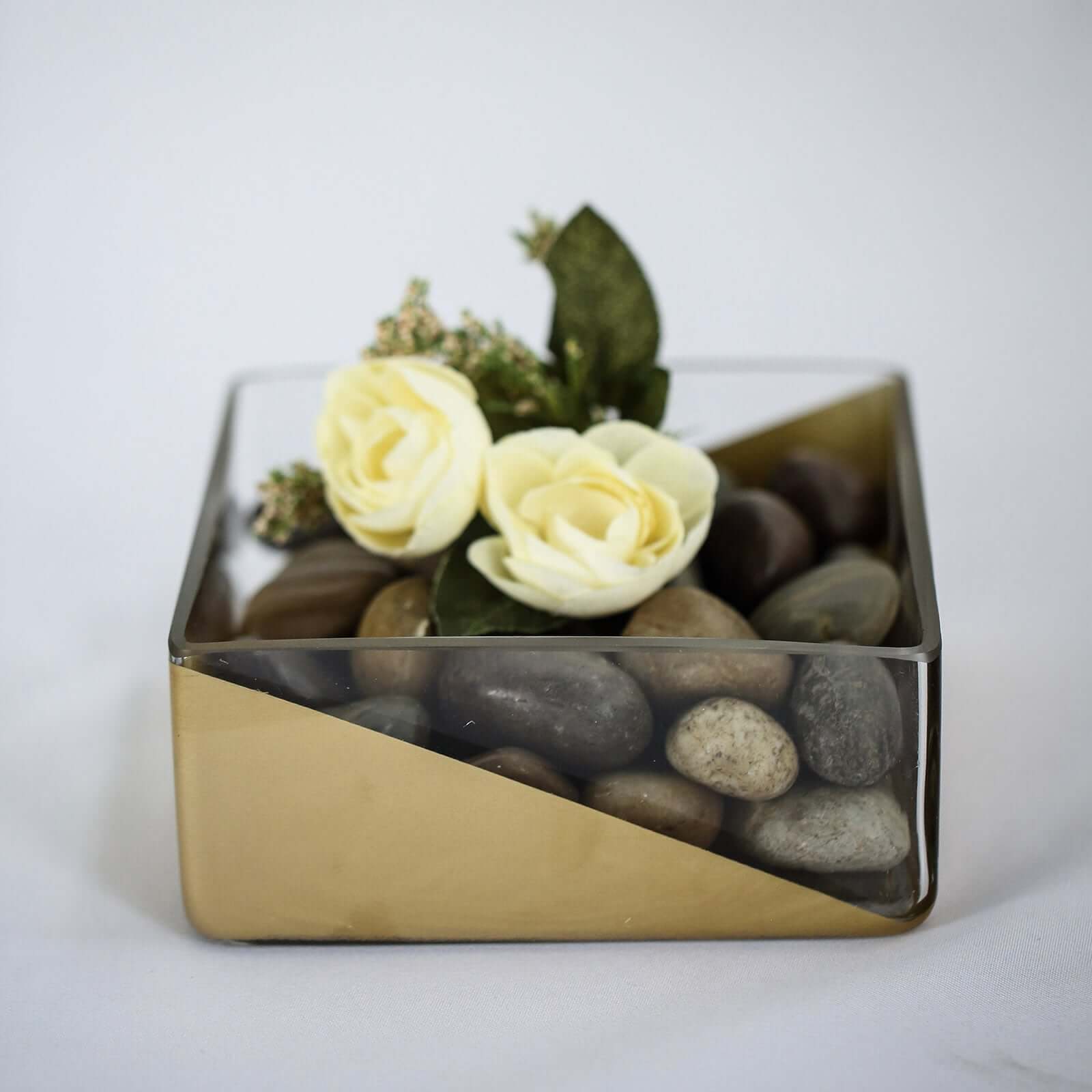 2-Pack Glass Vases Square Design Gold Dipped - Decorative Candle Holders for Floral Centerpieces 6"