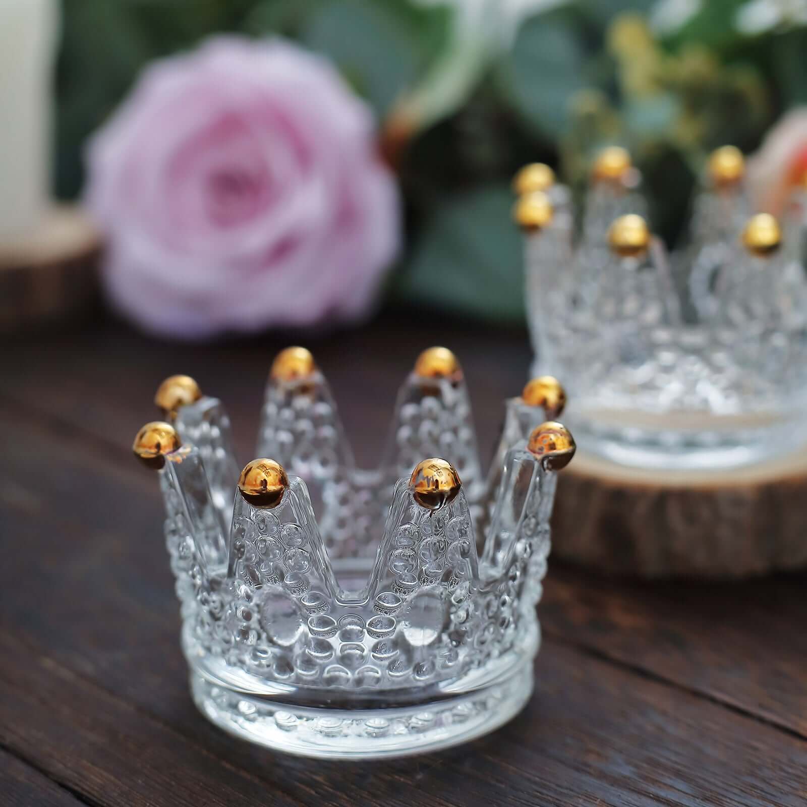 6-Pack Glass Crown Votive Candle Holders Clear Crystal Design with Gold Beaded Tips - Tea Light Holders 3"x2"