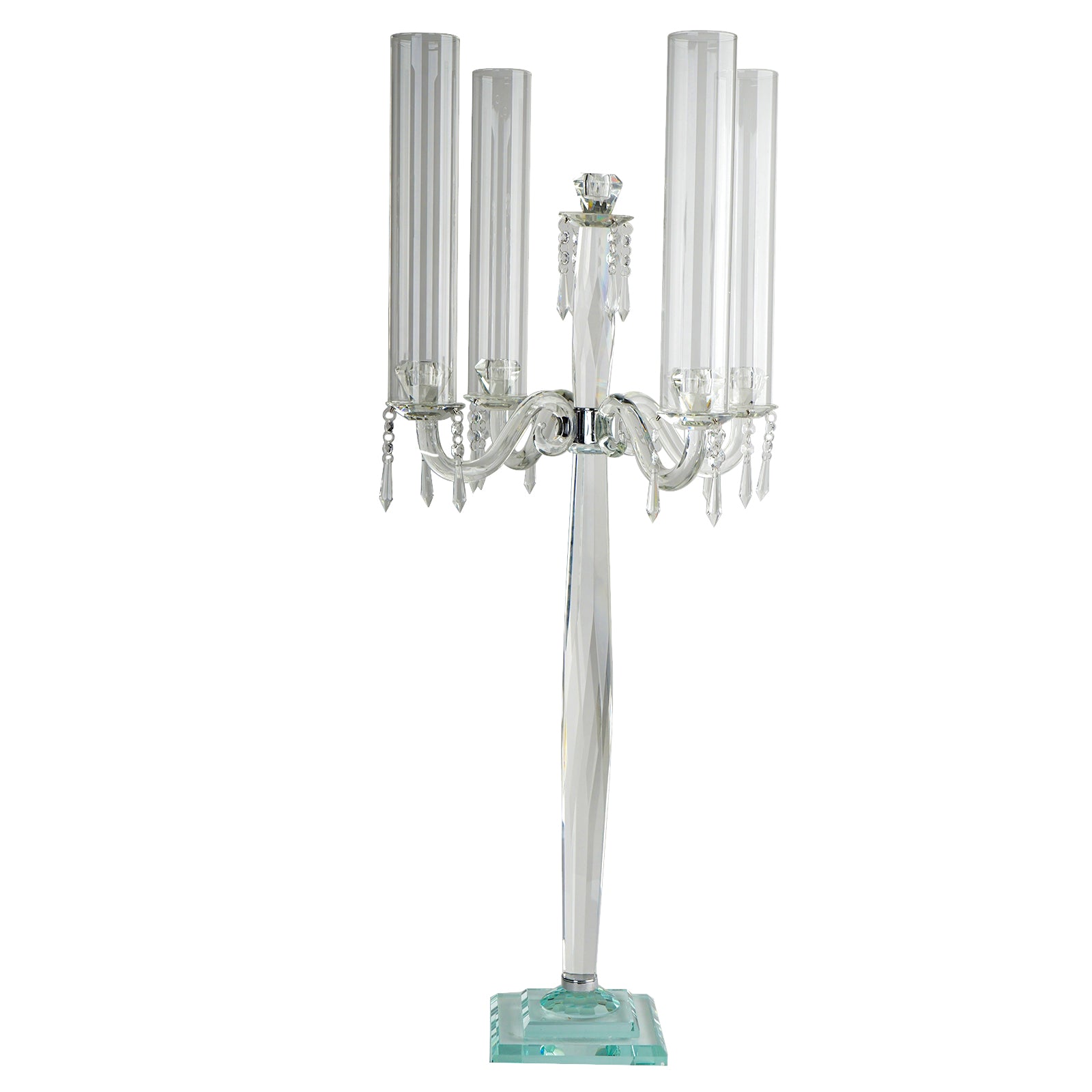 4 Arm Crystal Glass Taper Candle Holder Candelabra, Decorative Table Centerpiece With Chandelier Chains 36"