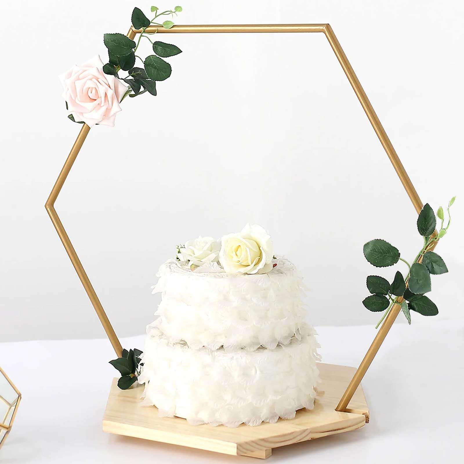 Metal Hexagon Floral Hoop Cake Stand Gold - Chic Geometric Dessert Display DIY Centerpiece Table Decoration With Wooden Base 28"
