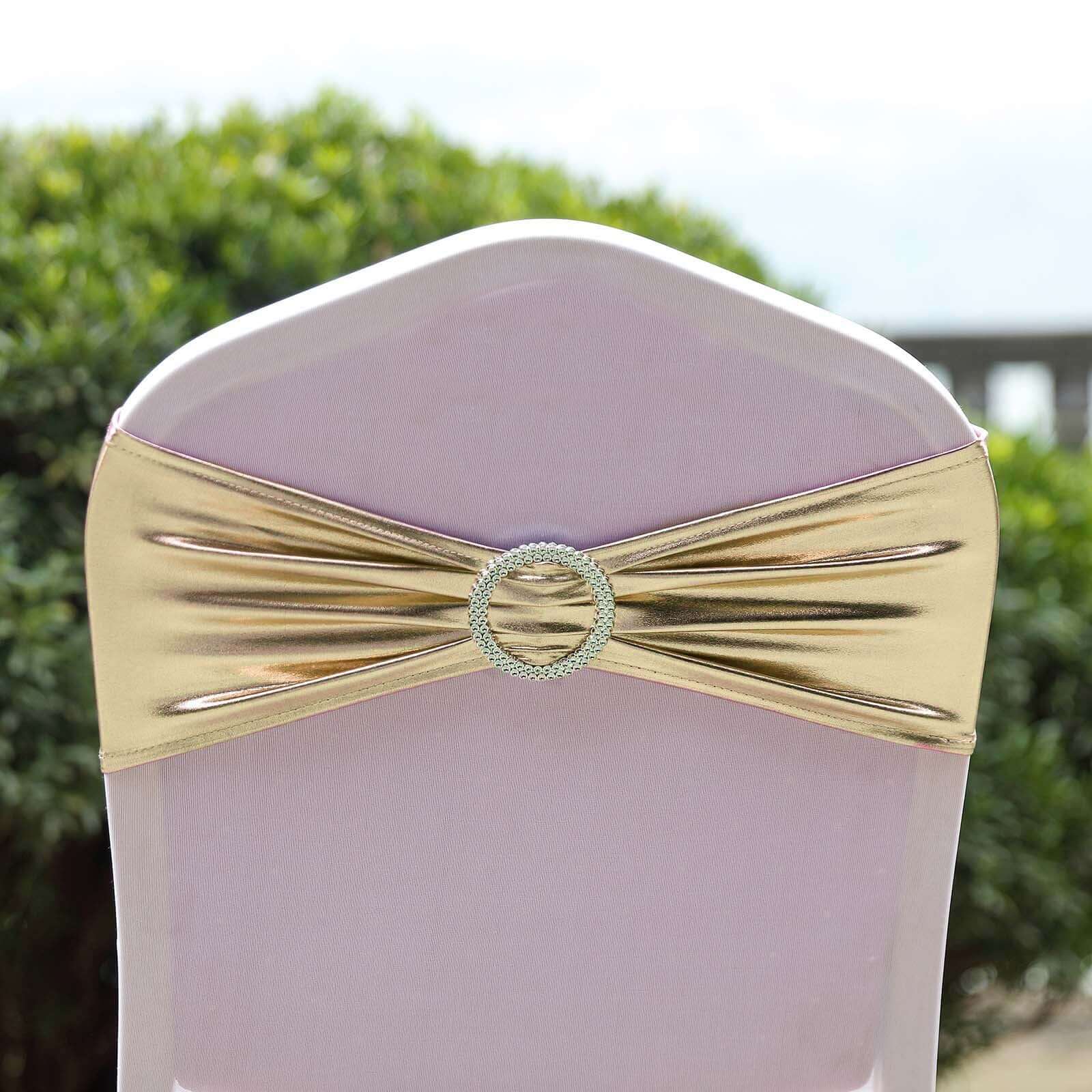 5 Pack Metallic Spandex Chair Sashes Champagne - Stretch Fit Chair Bands With Round Diamond Buckles