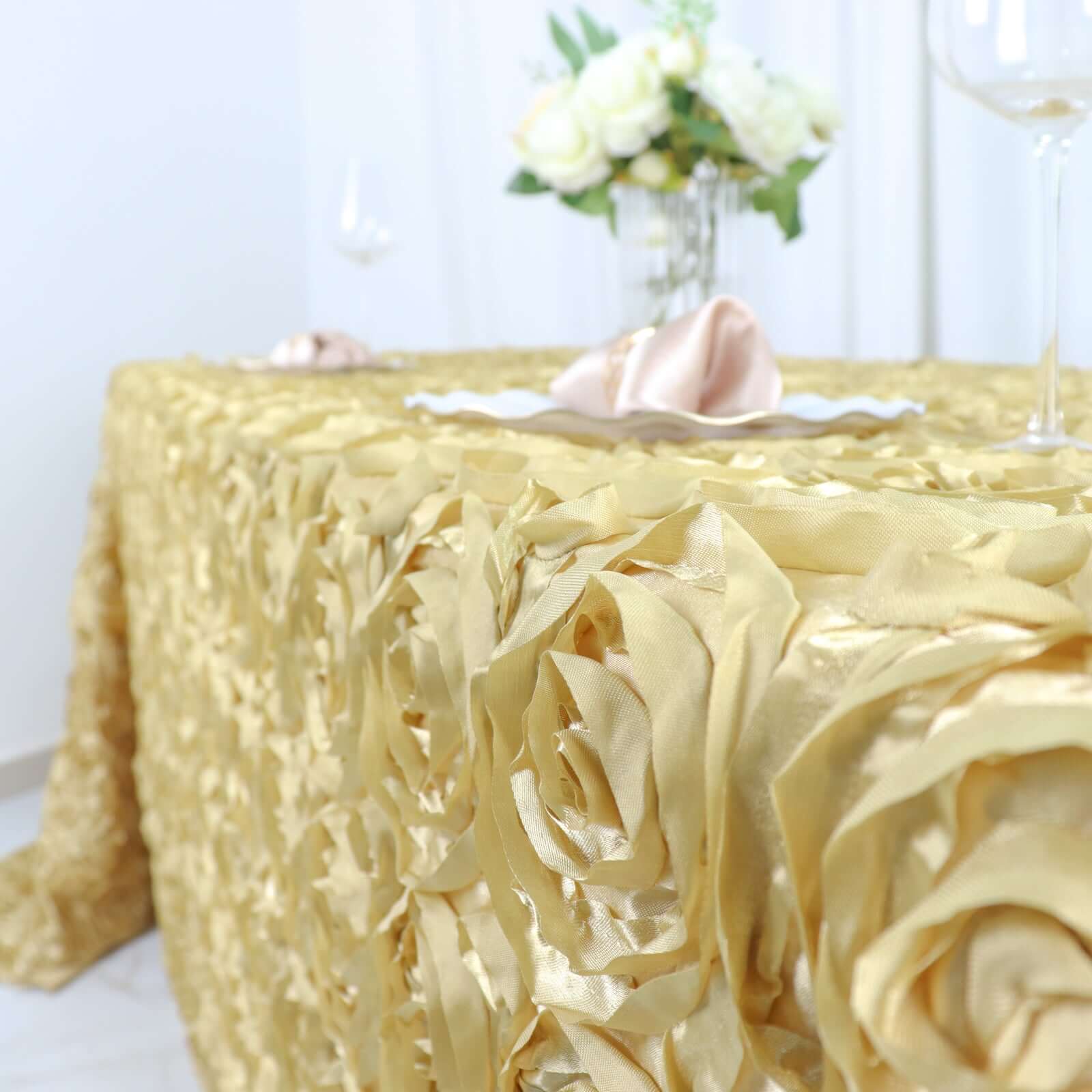 Satin 90"x132" Rectangle Tablecloth Champagne - Grandiose 3D Rosette Seamless Table Cover
