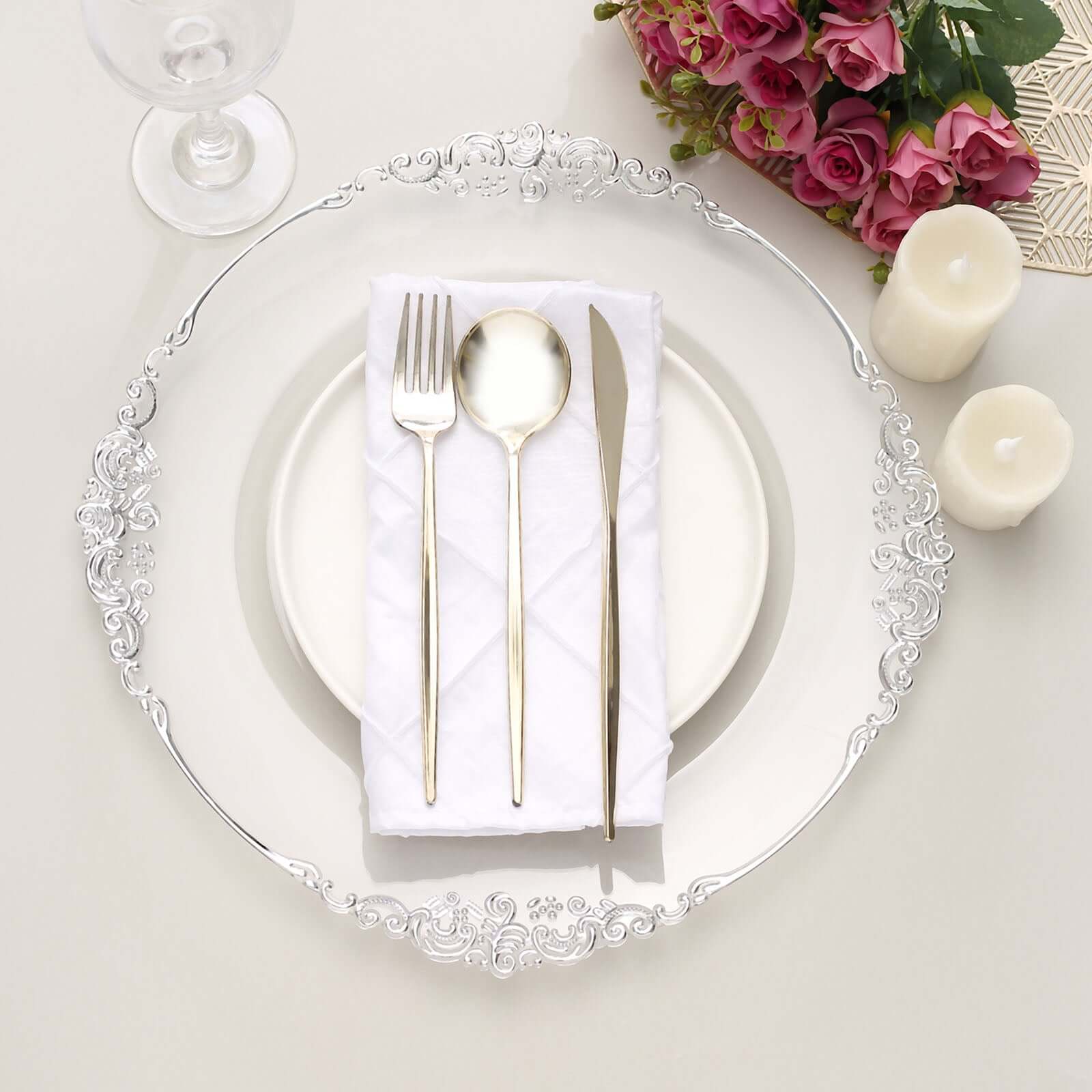 6-Pack Acrylic Round Charger Plates 13" in Clear with Silver Embossed Baroque Rim, Antique Decorative Dinner Party Charger Tableware