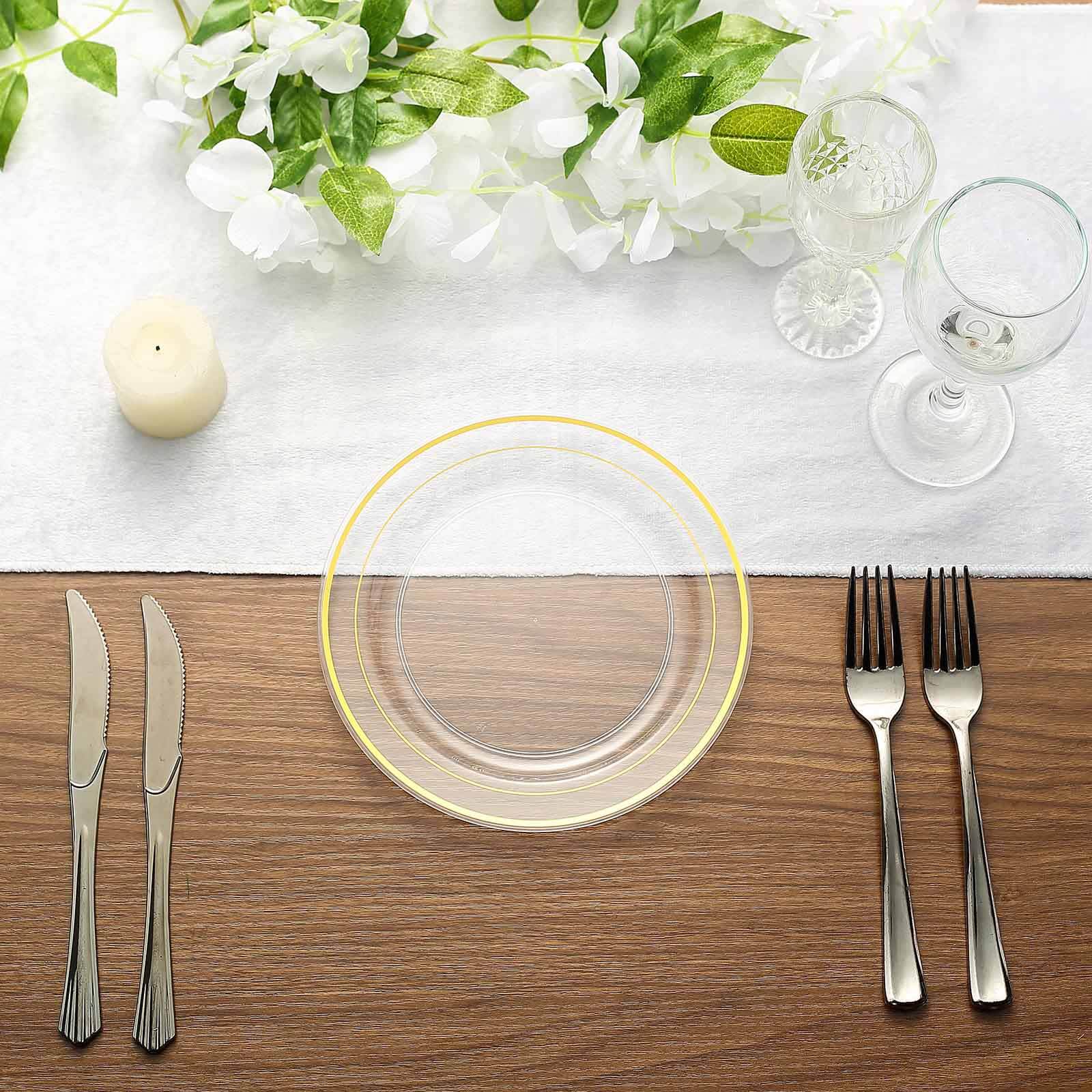 10-Pack Plastic Dessert Plates Clear with Très Chic Gold Rim - Disposable Plates for Parties 8"