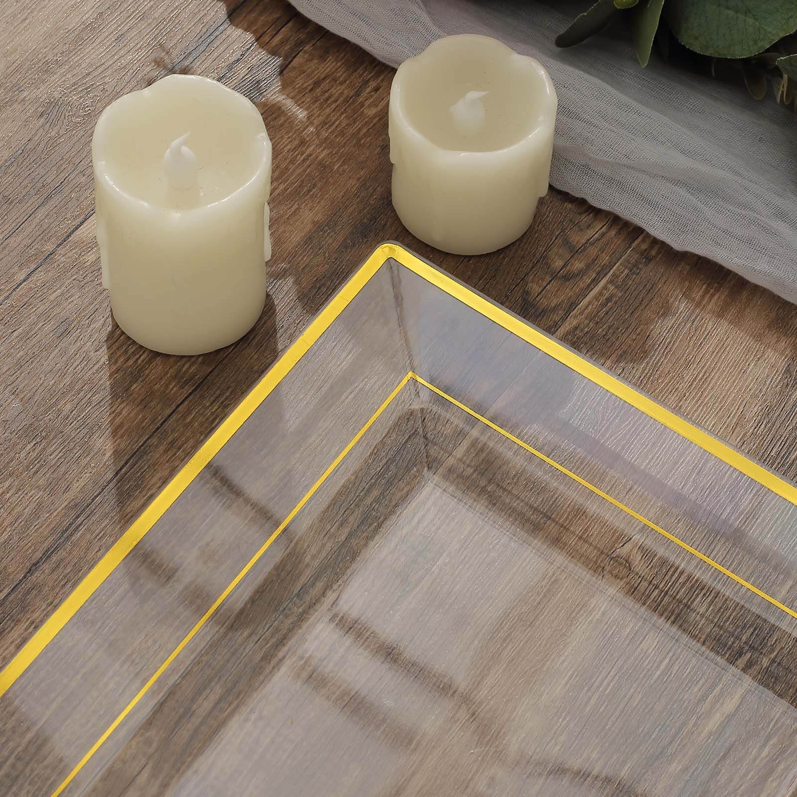 10 Pack 10" Gold Trim Clear Square Disposable Dinner Plates, Plastic Party Plates