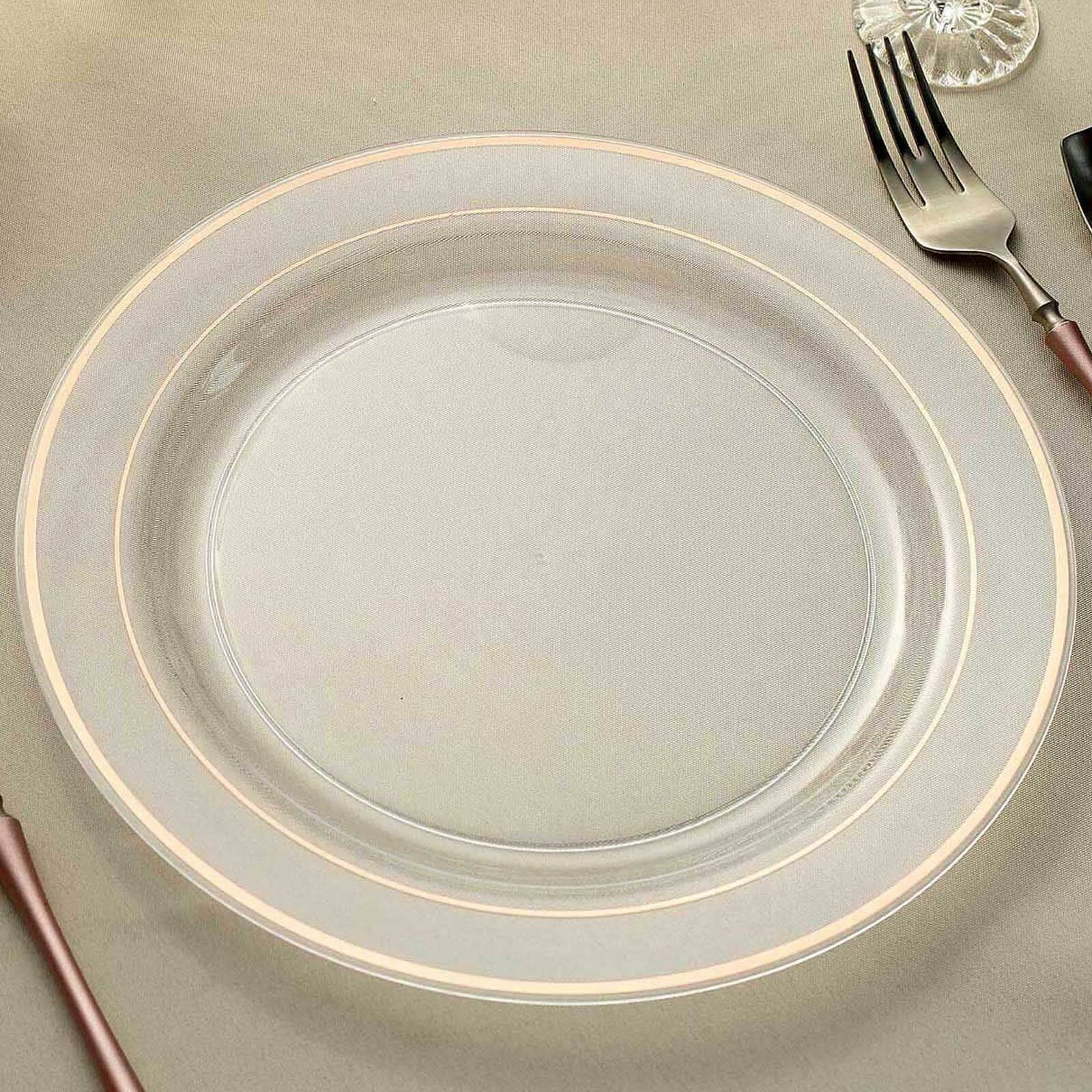 10-Pack Plastic Dinner Plates Clear with Très Chic Rose Gold Rim - Perfect Disposable Party Plates 10"