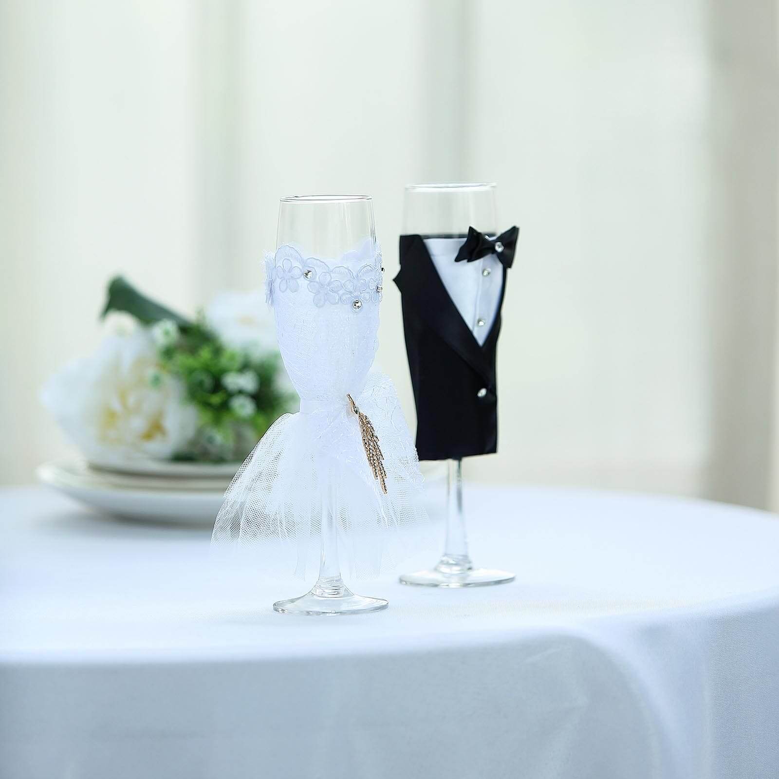 Set of 2 Clear Champagne Flutes with Black Bride and Groom Koozies - Wedding Toast Glasses 9"