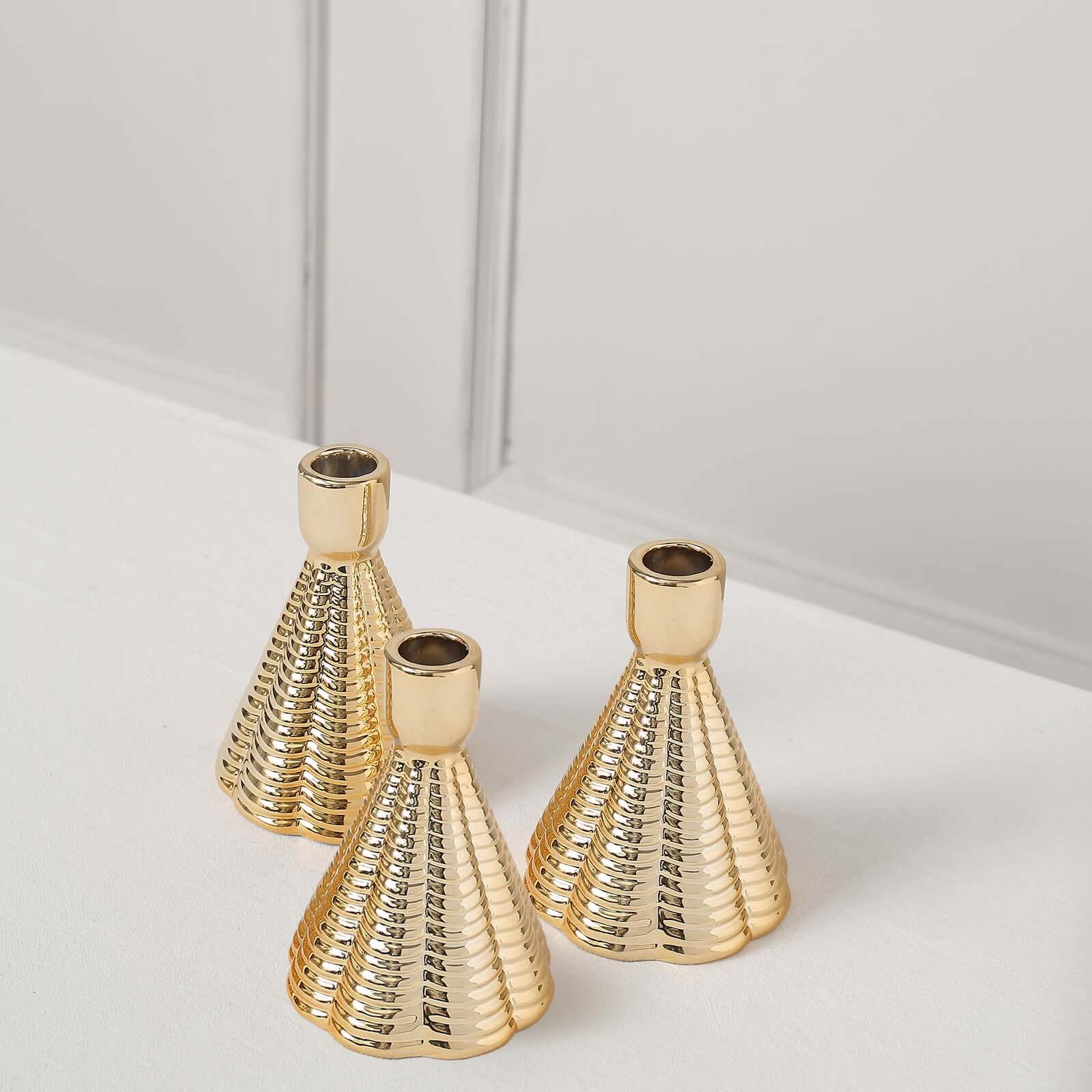 3-Pack Ceramic Taper Candle Holders Ribbed Cone Shaped Design Metallic Gold - Candlestick Stands for Decor 5"