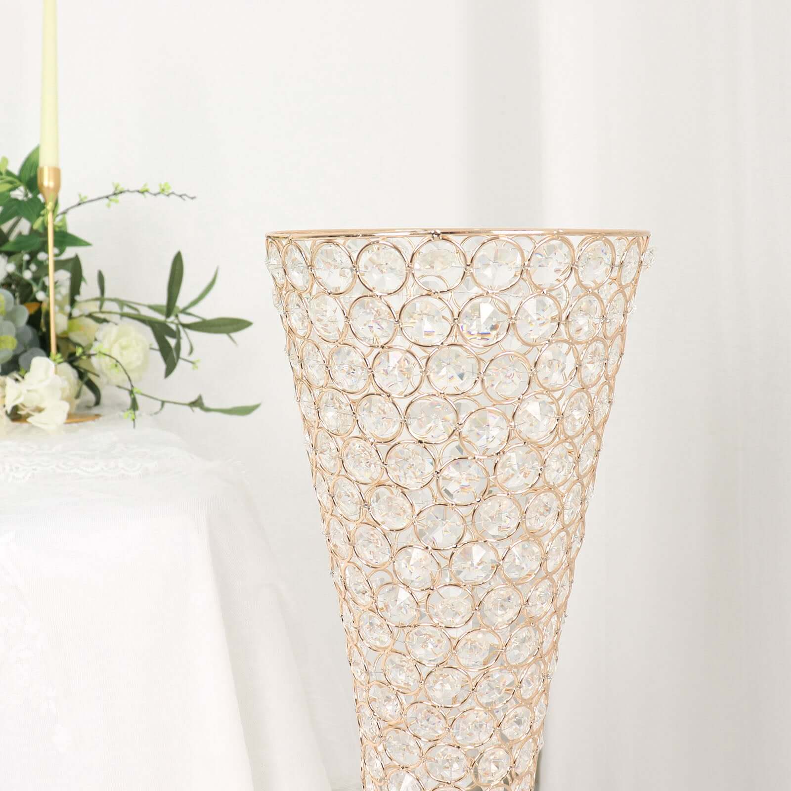 Metal Hurricane Floral Vase Centerpiece Metallic Gold with Crystal Beaded Design - Decorative Table Piece 36"