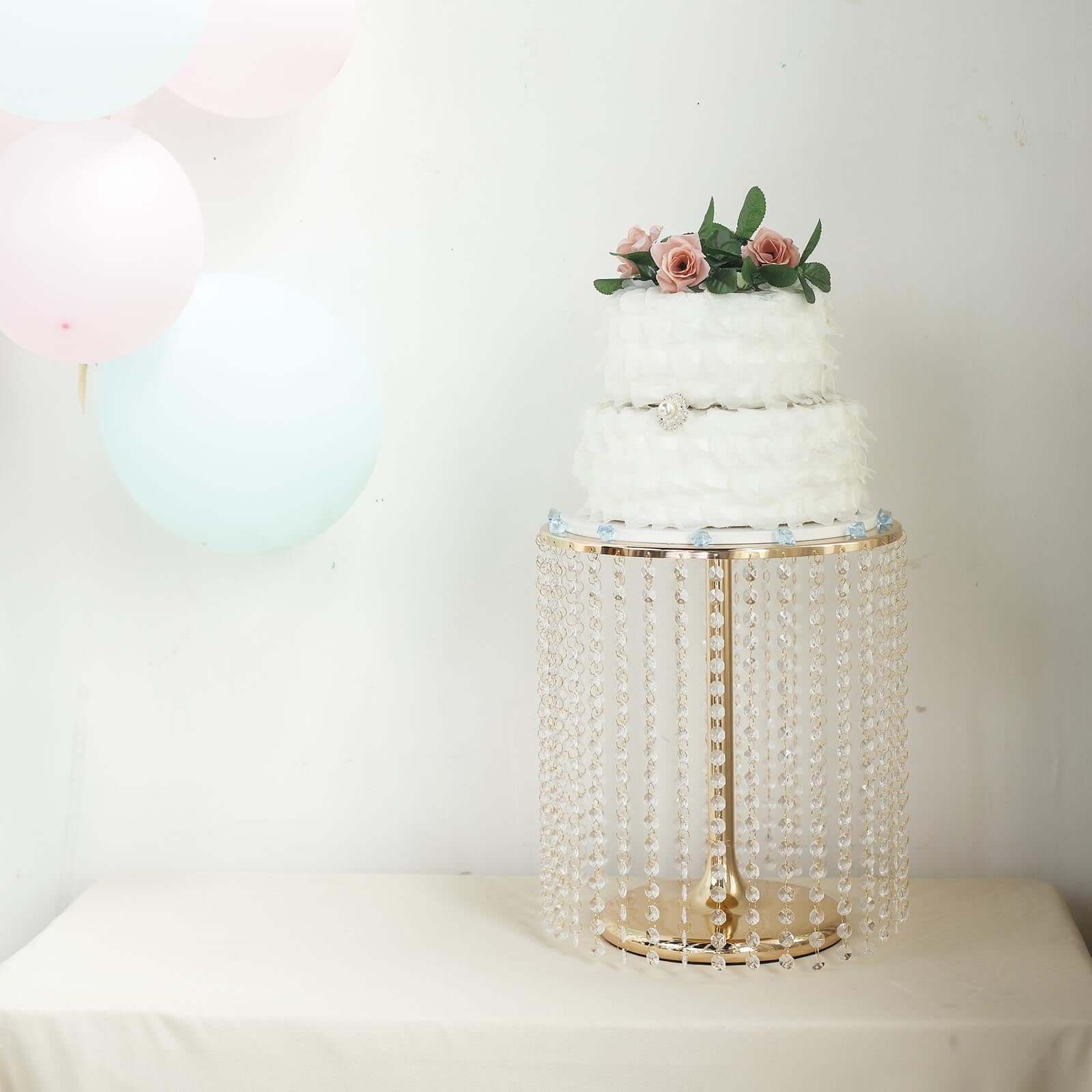 Metal Cake Stand Round Design Metallic Gold with Crystal Chains 14" Dia - Cupcake Dessert Pedestal 16"Tall