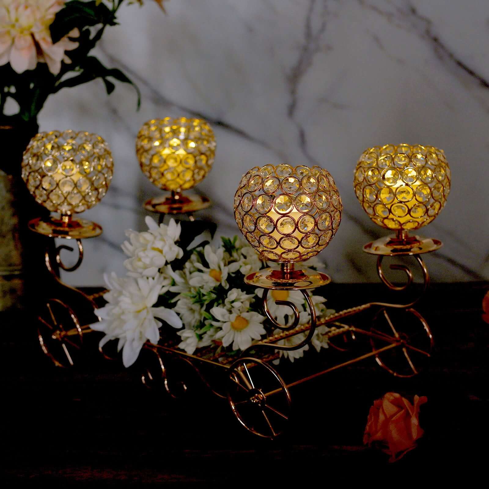 Candle Holder 4-Arm Gold Metal Crystal Cinderella Carriage Wedding Centerpiece - Decorative Display 18"