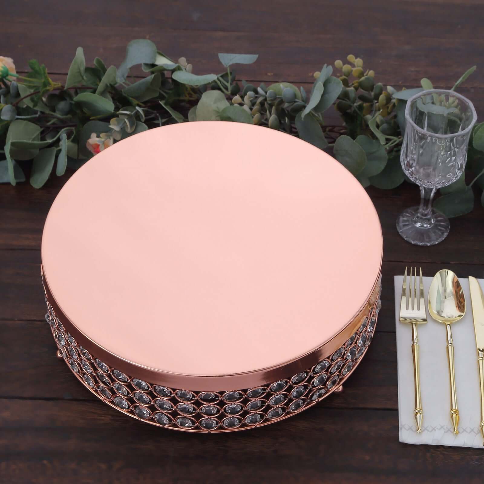 Metal Cake Stand Pedestal Crystal Beaded Design Rose Gold - Cupcake Display and Dessert Riser 13"