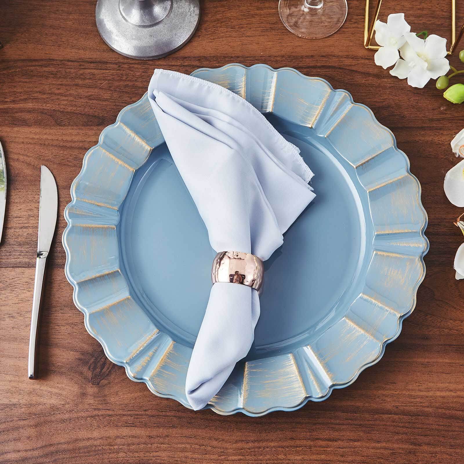6-Pack Acrylic Plastic Round Charger Plates 13" in Dusty Blue with Gold Brushed Wavy Scalloped Rim, Decorative Dinner Party Charger Tableware