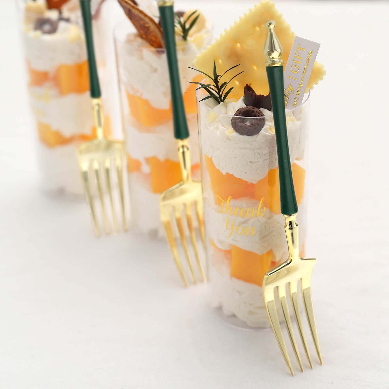 24 Pack 6" Gold Hunter Emerald Green Plastic Dessert Forks With Roman Column Handle, European Style Disposable Utensils