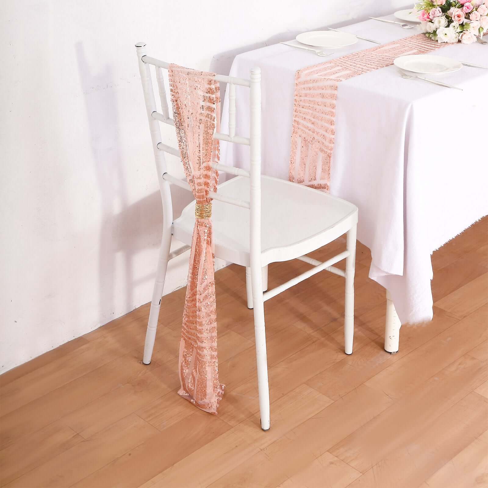 5 Pack Glitz Sequin Chair Sashes with Geometric Diamond Design 6"x88" Rose Gold
