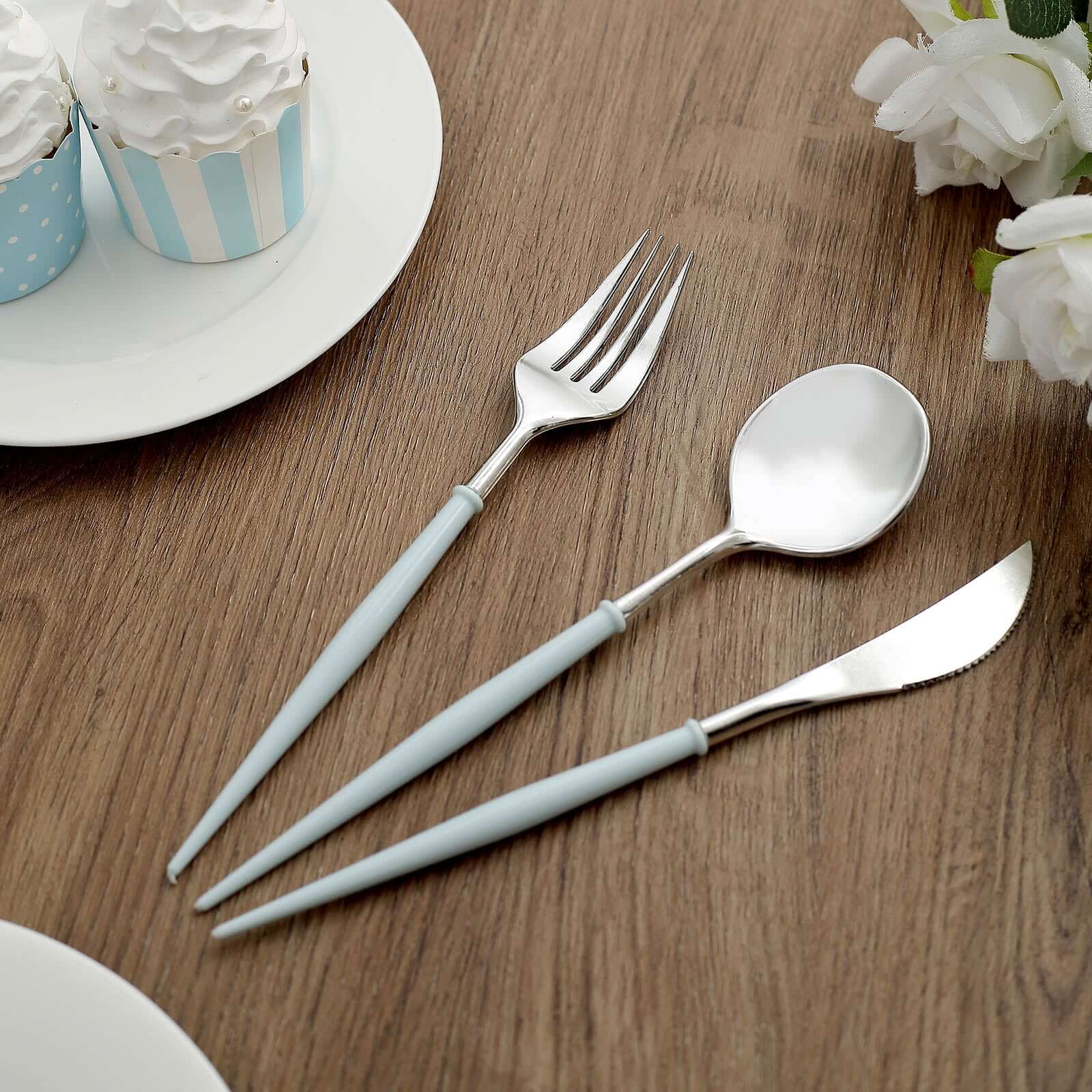 24-Pack Plastic Flatware Set in Silver with Light Blue Handle - Heavy Duty Disposable Modern Silverware 8"