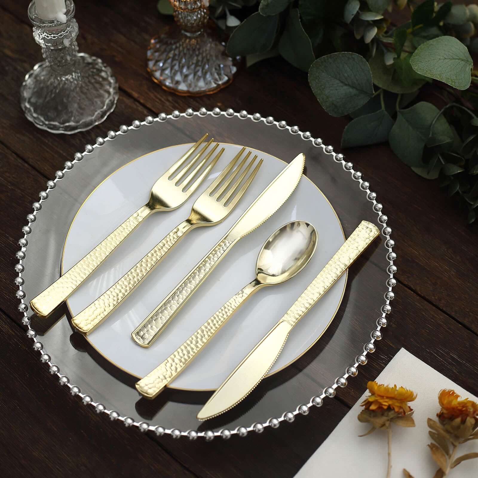 24-Pack Plastic Silverware Set with Hammered Design Gold - Heavy Duty Disposable Utensils 7"